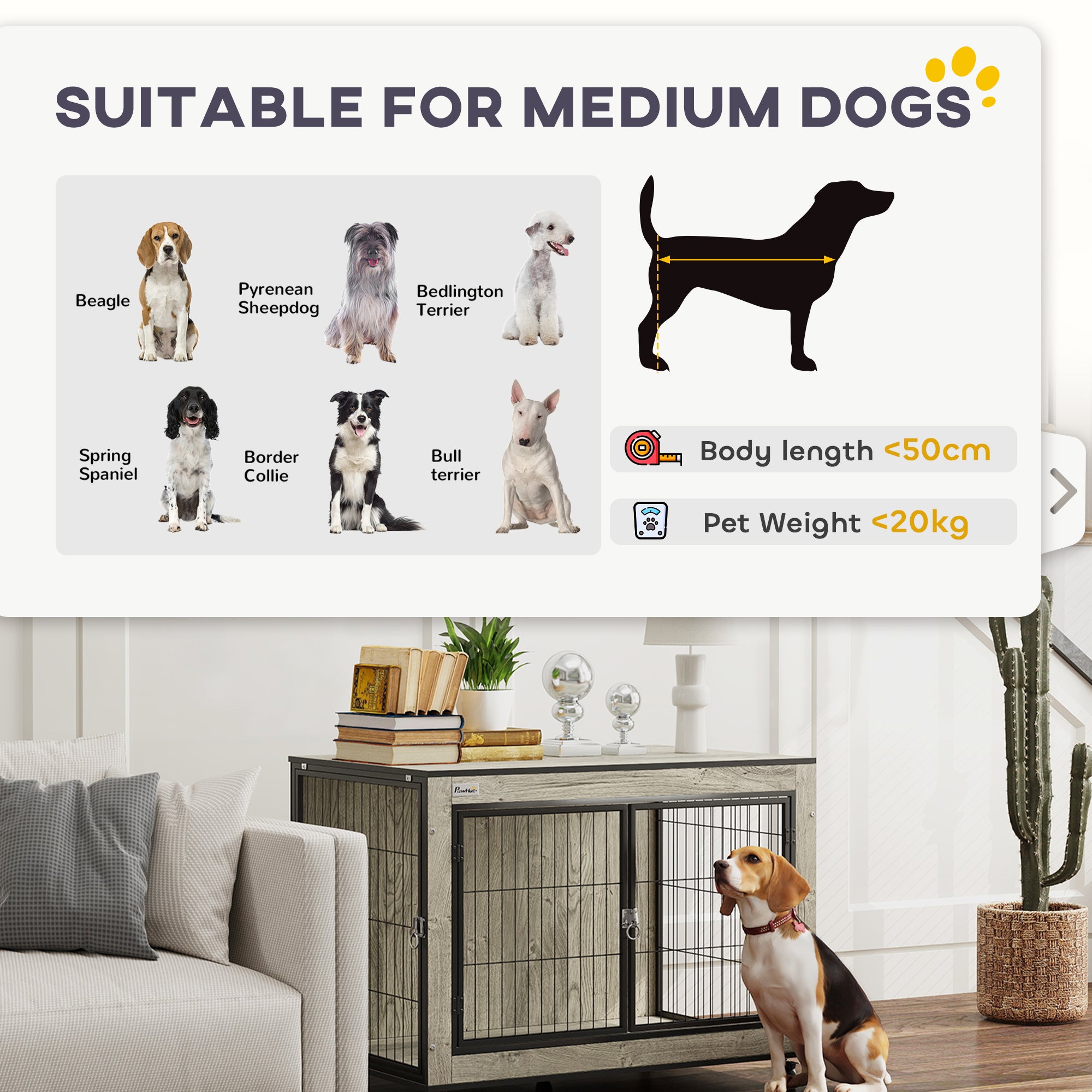 PawHut Dog Crate Furniture on Wheels, Dog Cage End Side Table with Lockable Double Doors, for Medium Dogs, 80 x 56 x 62.5cm, Grey