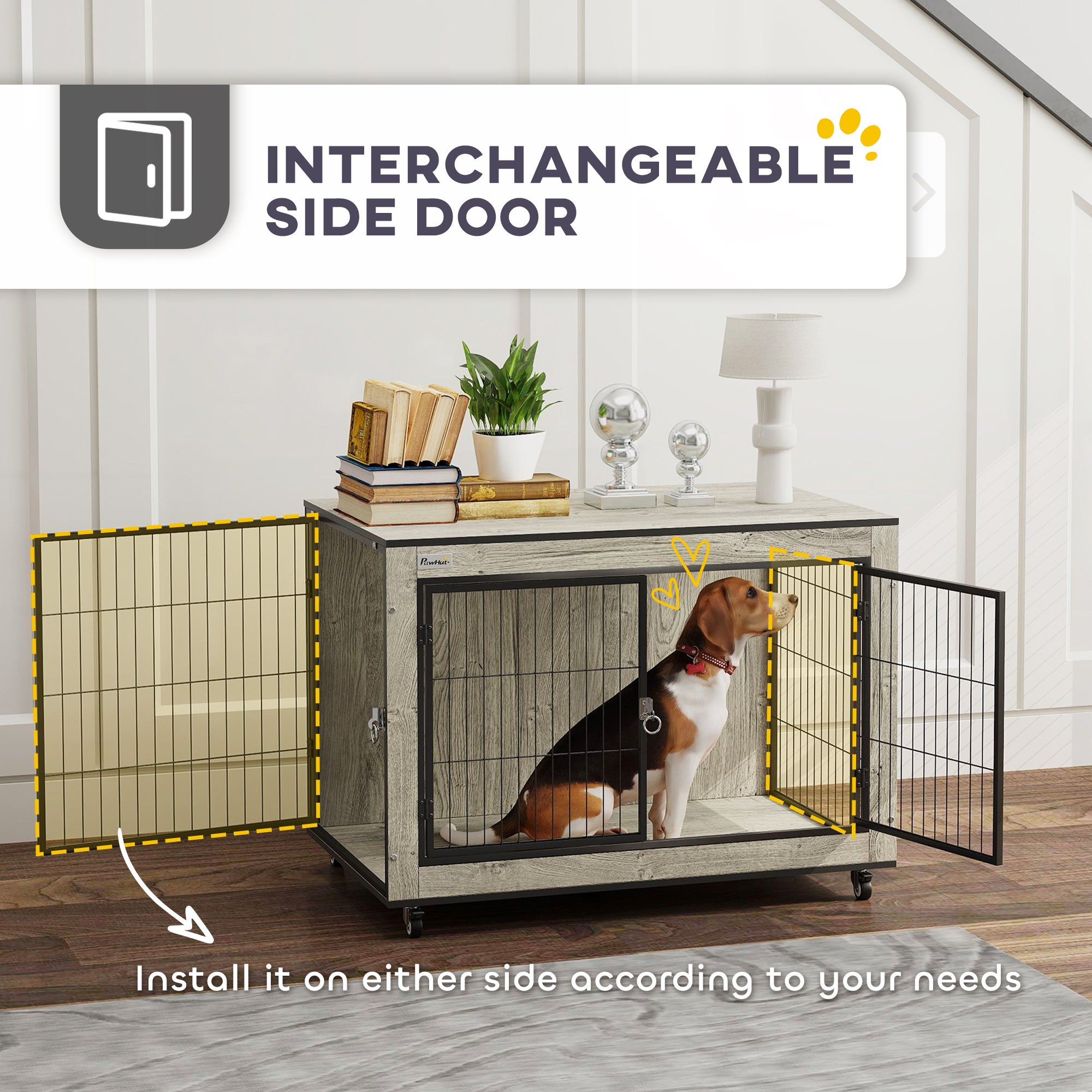 PawHut Dog Crate Furniture on Wheels, Dog Cage End Side Table with Lockable Double Doors, for Medium Dogs, 80 x 56 x 62.5cm, Grey