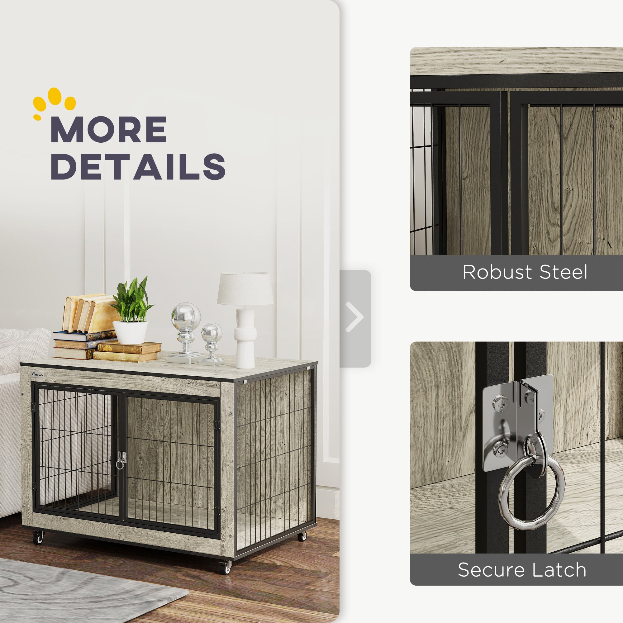 PawHut Dog Crate Furniture on Wheels, Dog Cage End Side Table with Lockable Double Doors, for Medium Dogs, 80 x 56 x 62.5cm, Grey