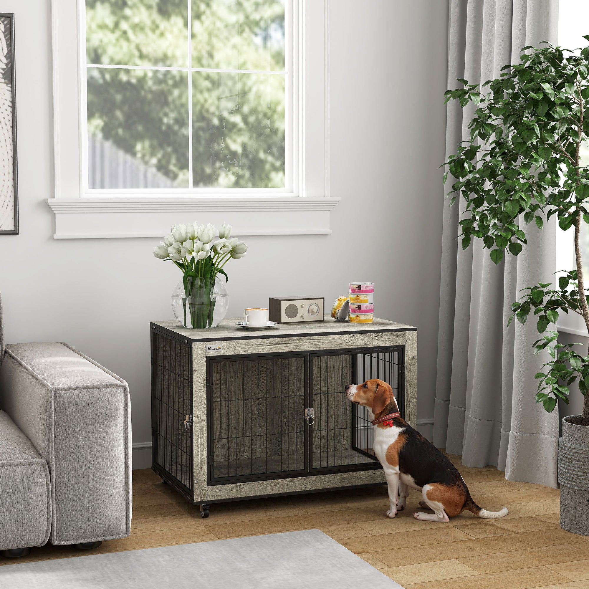 PawHut Dog Crate Furniture on Wheels, Dog Cage End Side Table with Lockable Double Doors, for Medium Dogs, 80 x 56 x 62.5cm, Grey