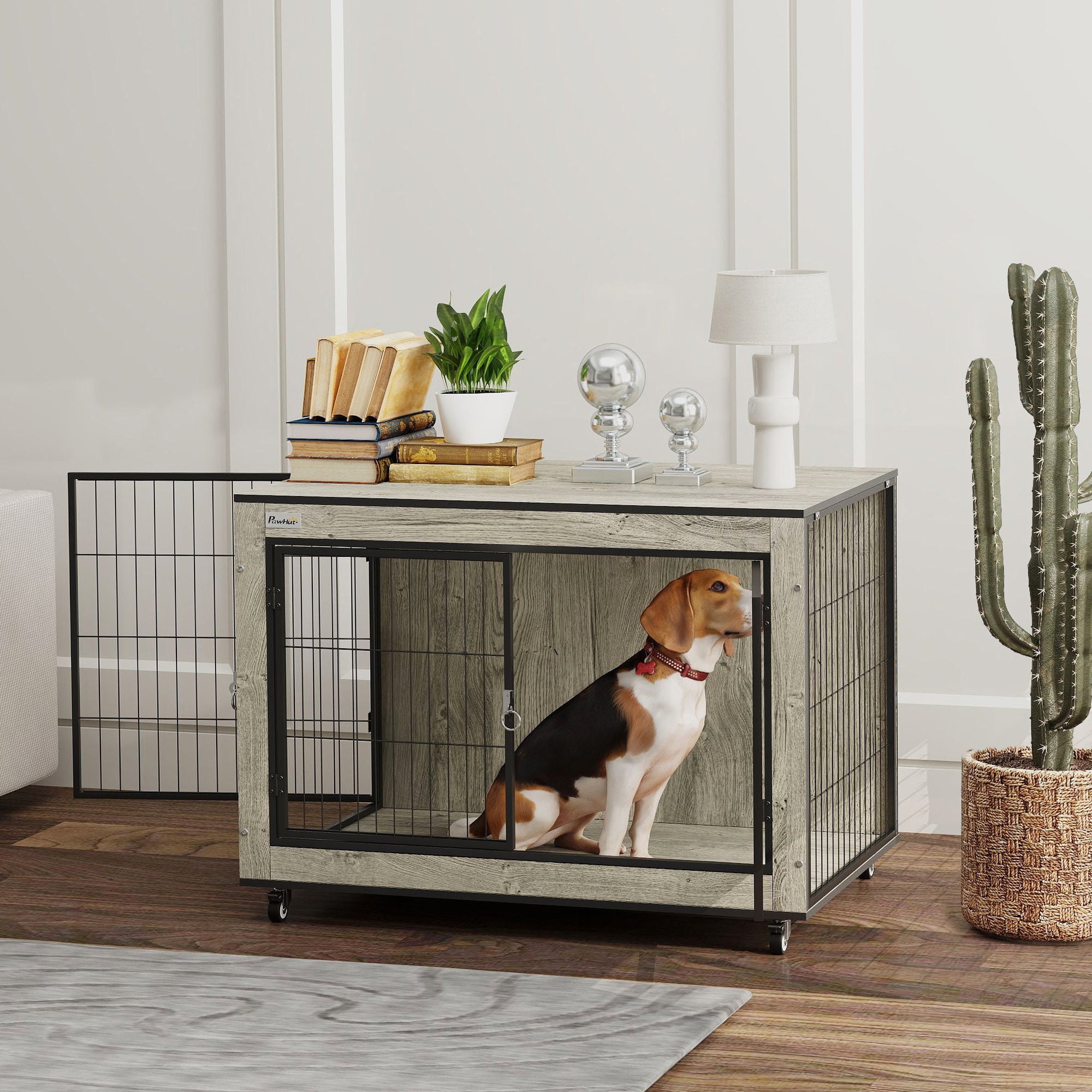 PawHut Dog Crate Furniture on Wheels, Dog Cage End Side Table with Lockable Double Doors, for Medium Dogs, 80 x 56 x 62.5cm, Grey