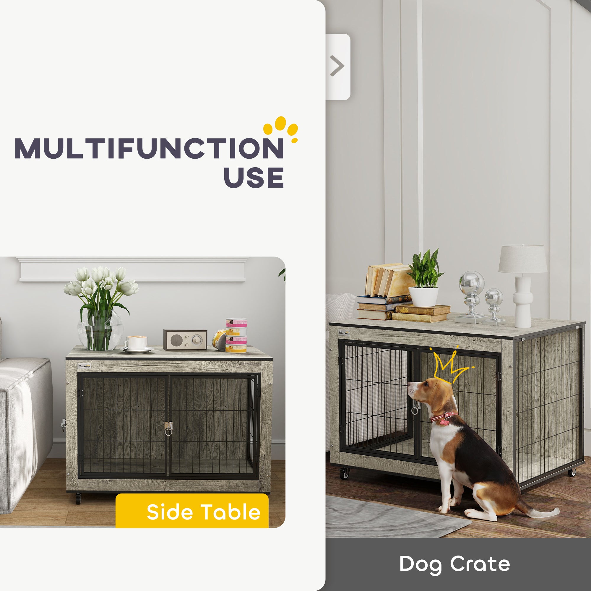 PawHut Dog Crate Furniture on Wheels, Dog Cage End Side Table with Lockable Double Doors, for Medium Dogs, 80 x 56 x 62.5cm, Grey