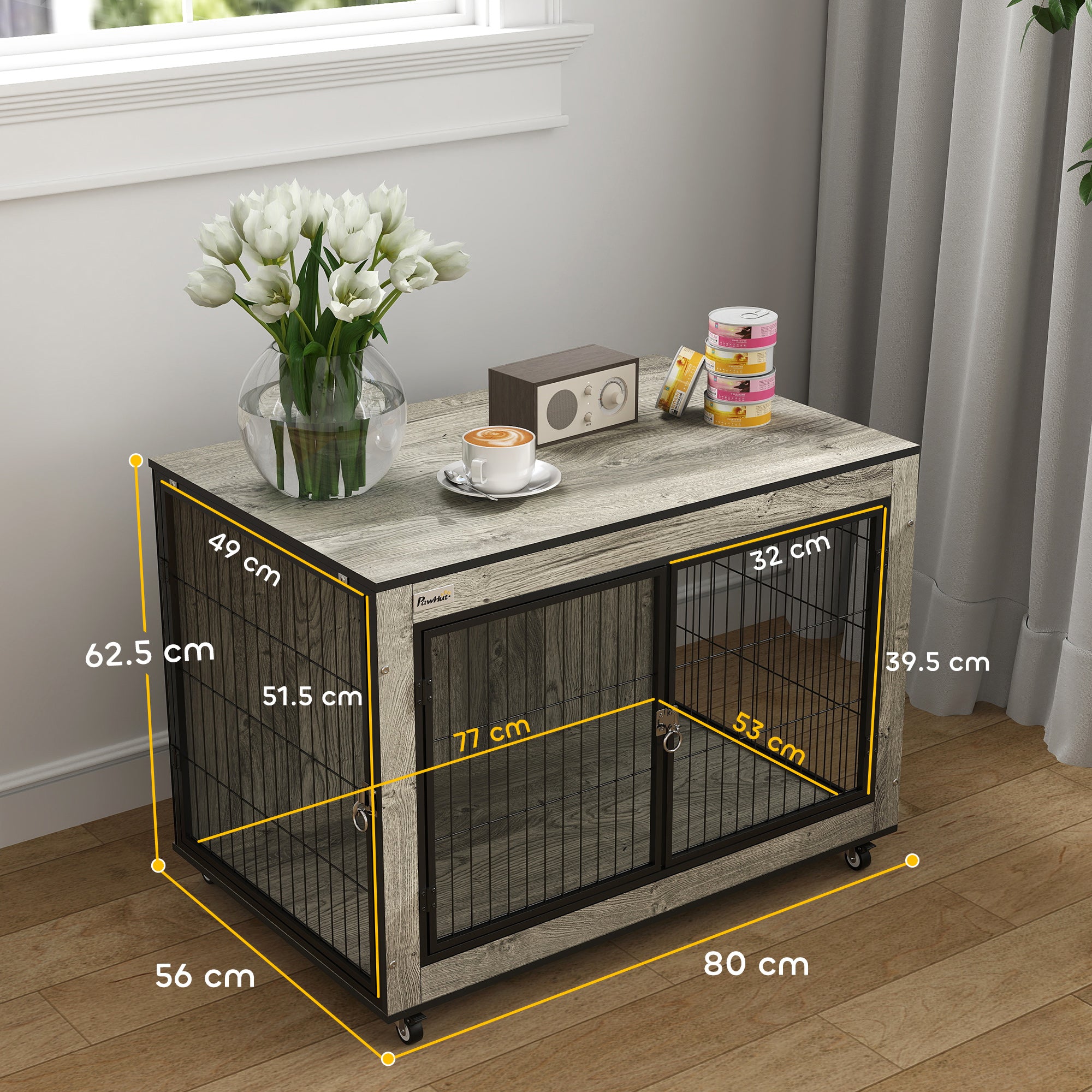 PawHut Dog Crate Furniture on Wheels, Dog Cage End Side Table with Lockable Double Doors, for Medium Dogs, 80 x 56 x 62.5cm, Grey