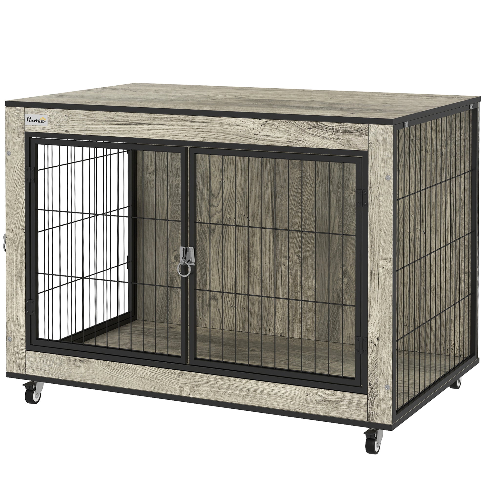 PawHut Dog Crate Furniture on Wheels, Dog Cage End Side Table with Lockable Double Doors, for Medium Dogs, 80 x 56 x 62.5cm, Grey