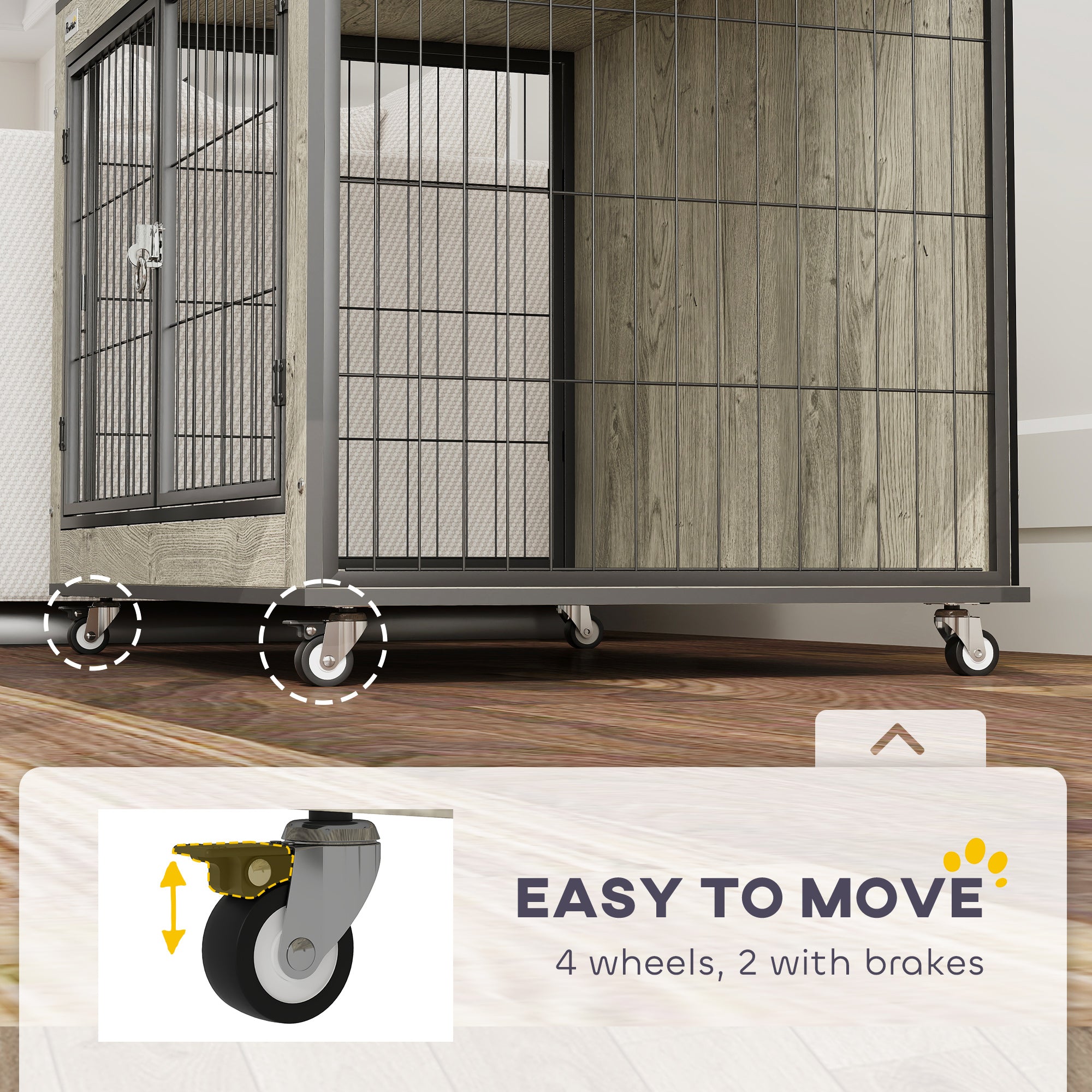 PawHut Dog Crate Furniture on Wheels, Dog Cage End Side Table with Lockable Double Doors, for Medium Dogs, 80 x 56 x 62.5cm, Grey