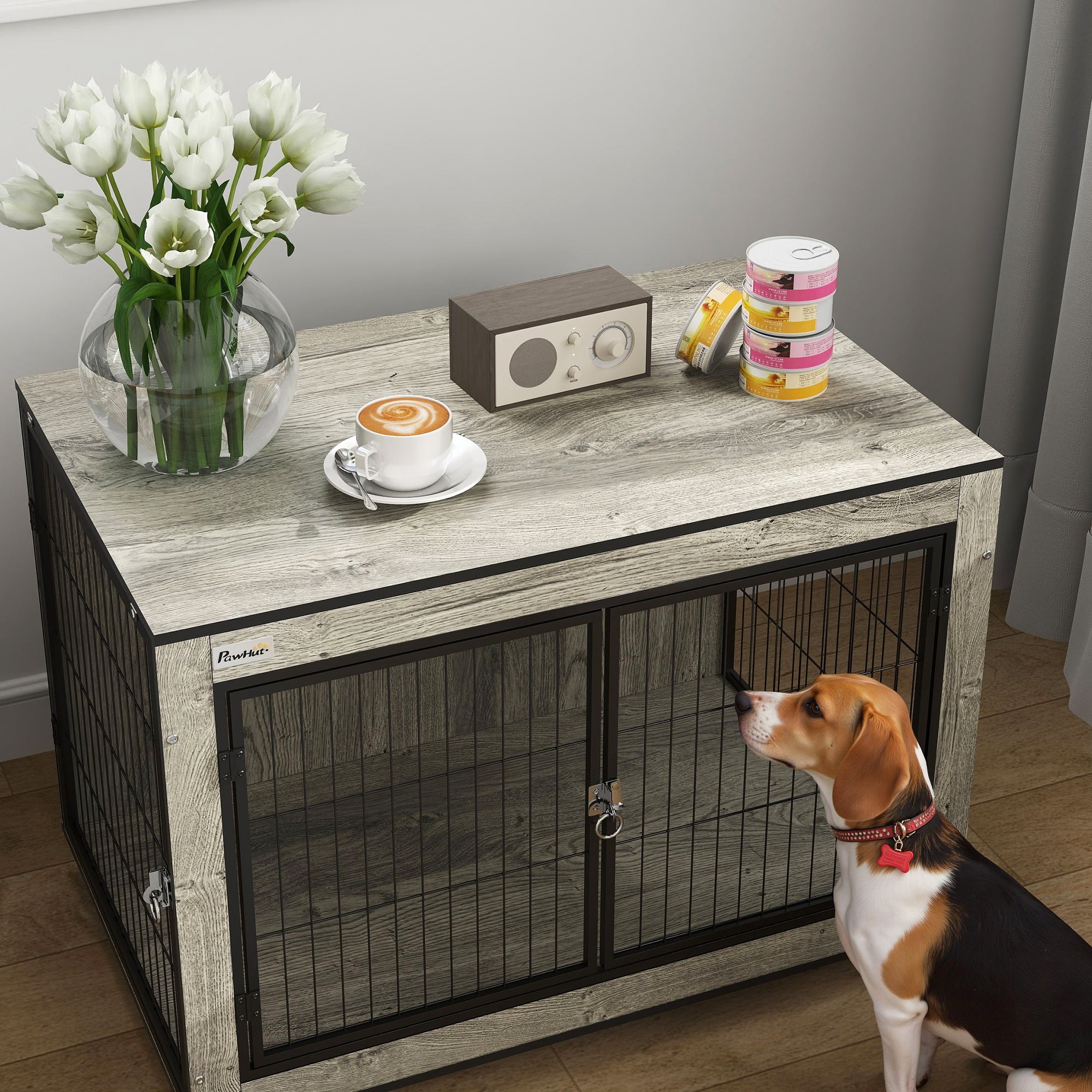 PawHut Dog Crate Furniture on Wheels, Dog Cage End Side Table with Lockable Double Doors, for Medium Dogs, 80 x 56 x 62.5cm, Grey