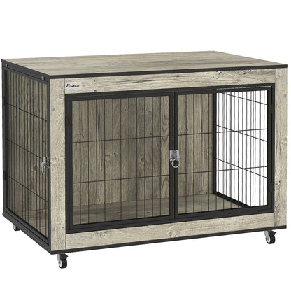 PawHut Dog Crate Furniture on Wheels, Dog Cage End Side Table with Lockable Double Doors, for Medium Dogs, 80 x 56 x 62.5cm, Grey
