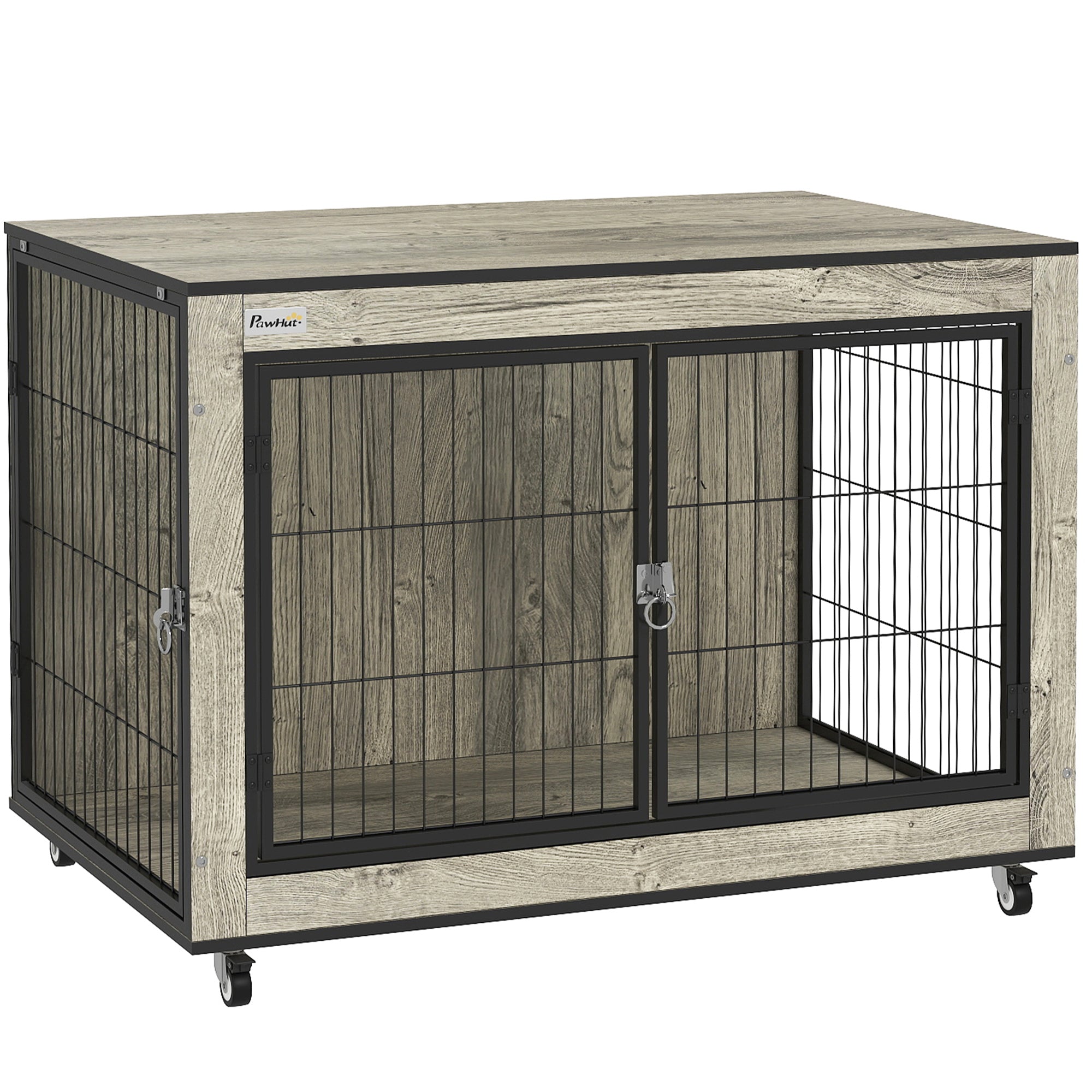 PawHut Dog Crate Furniture on Wheels, Dog Cage End Side Table with Lockable Double Doors, for Medium Dogs, 80 x 56 x 62.5cm, Grey