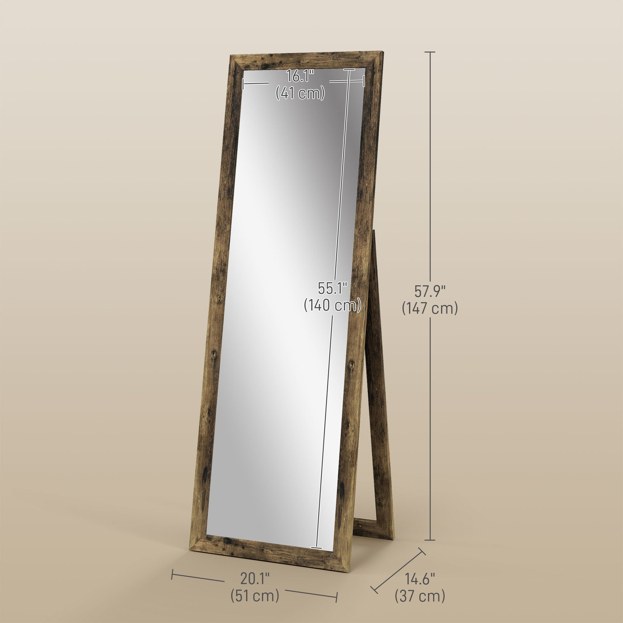 HOMCOM 58" x 20" Full Length Mirror, Floor Standing Mirror, Rectangular Full Body Mirror for Bedroom, Living Room, Rustic Brown