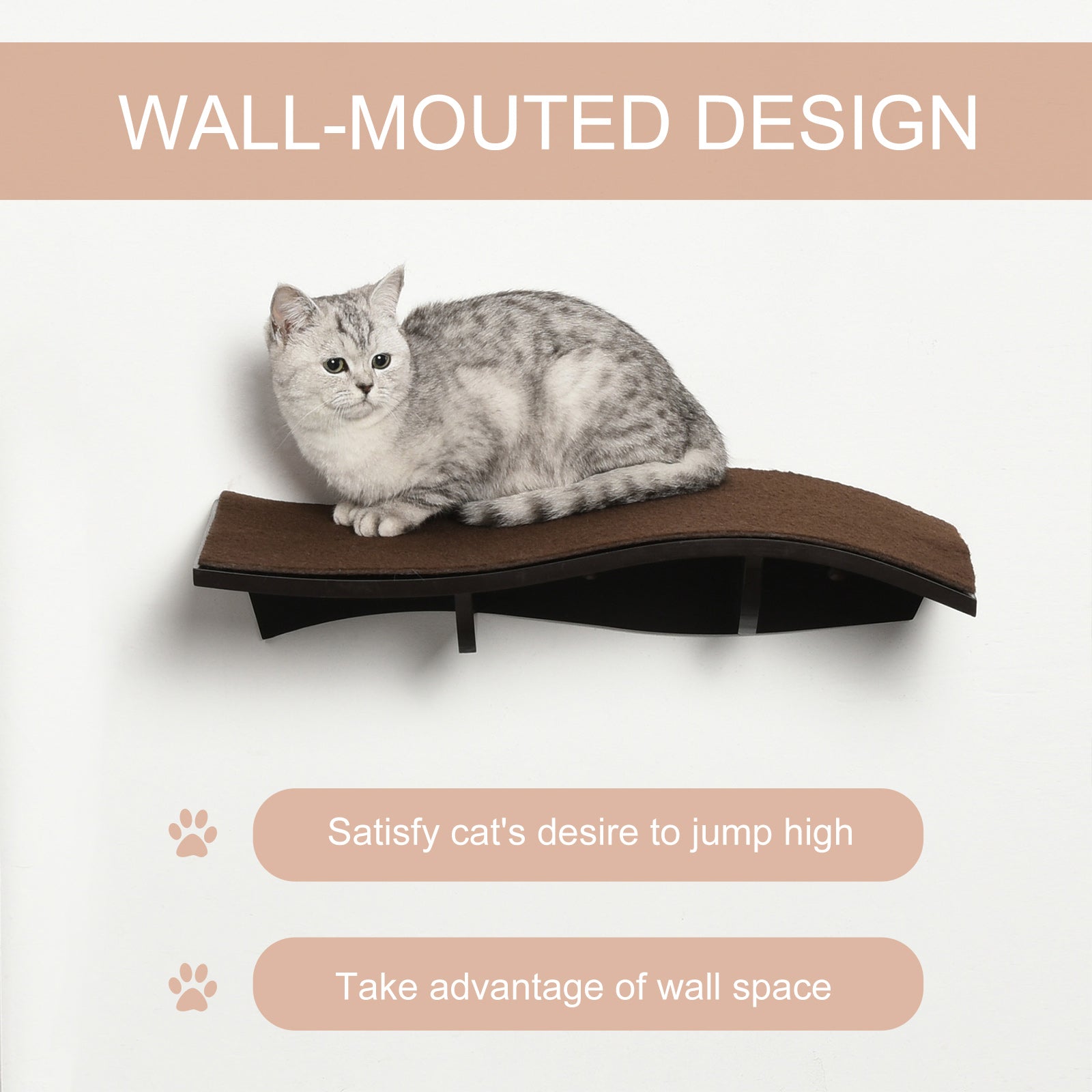 PawHut Wall Mounted Cat Shelf Curved Perch Kitten Bed with Comfortable Removable Carpet Pad Accessories for Playing Lounging Climbing Jumping Brown