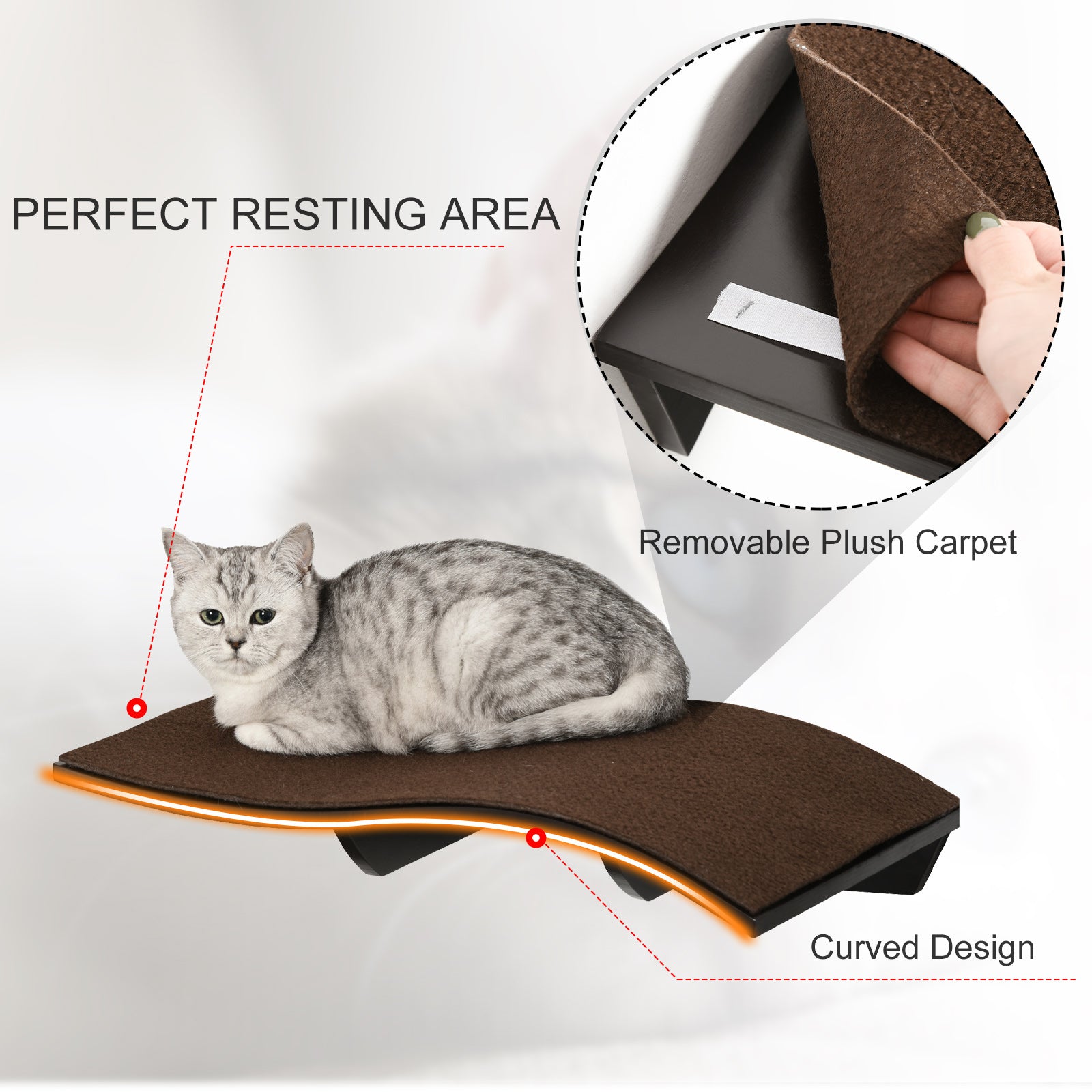 PawHut Wall Mounted Cat Shelf Curved Perch Kitten Bed with Comfortable Removable Carpet Pad Accessories for Playing Lounging Climbing Jumping Brown