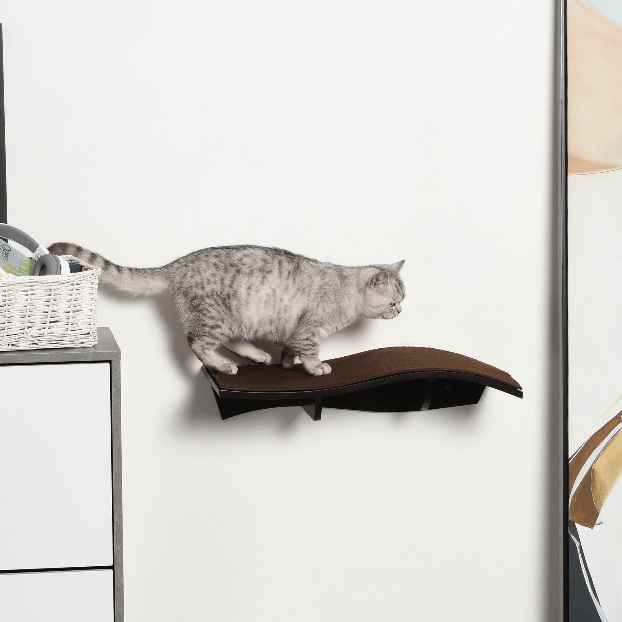 PawHut Wall Mounted Cat Shelf Curved Perch Kitten Bed with Comfortable Removable Carpet Pad Accessories for Playing Lounging Climbing Jumping Brown