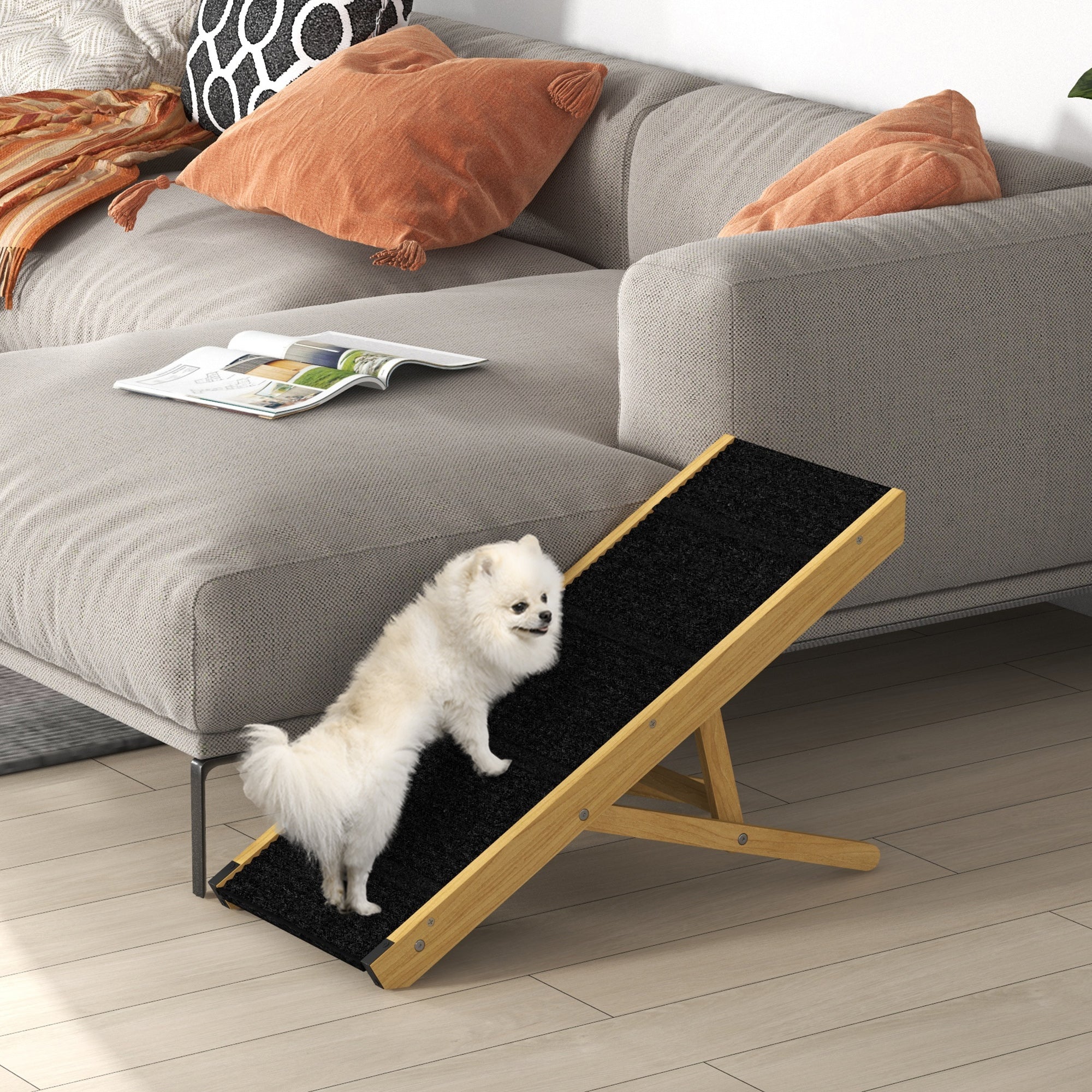 PawHut Dog Ramp, 33" Wooden Pet Ramp for Bed and Couch, Foldable Dog Ramp with 4-Level Adjustable Height for Small and Medium Dogs, Natural Wood