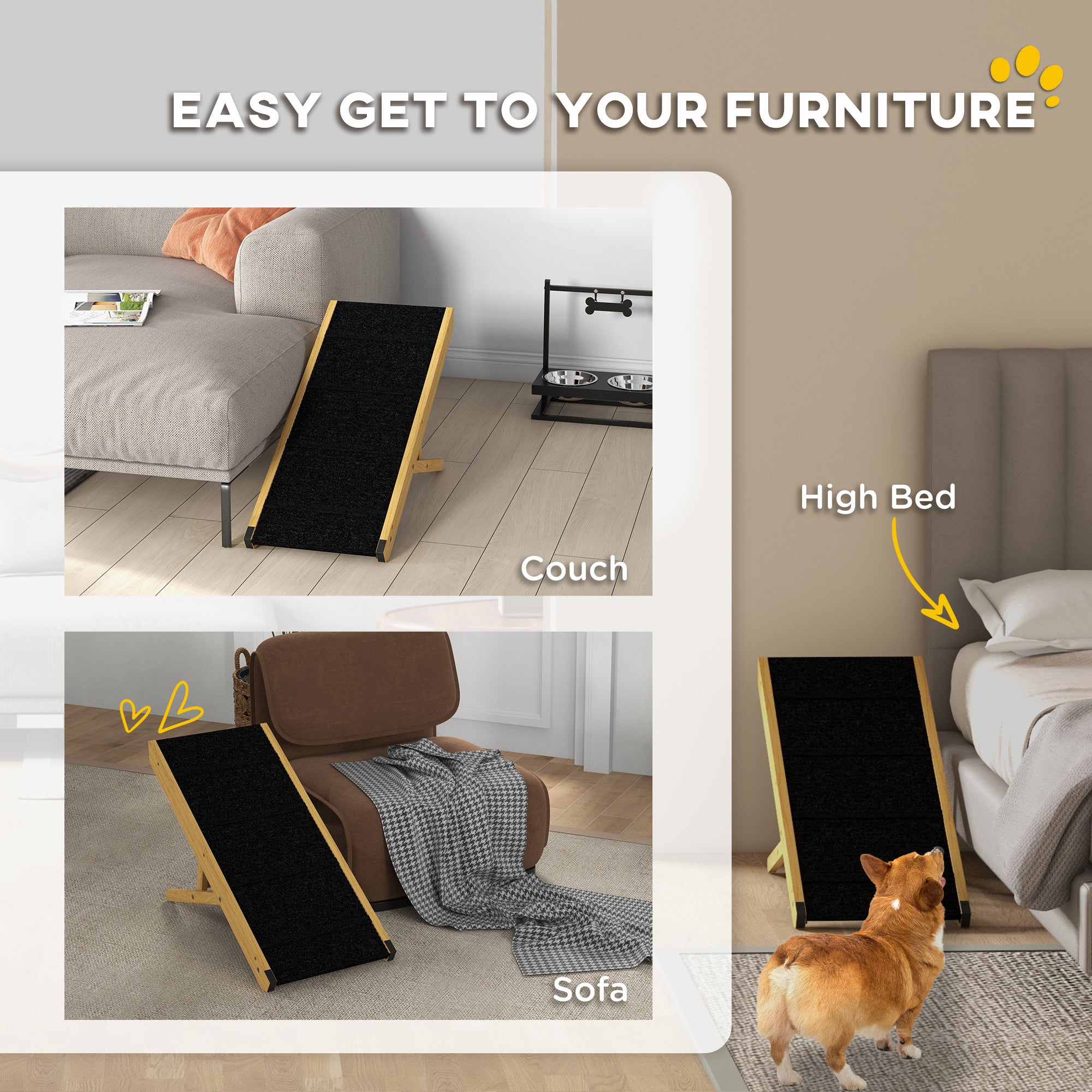 PawHut Dog Ramp, 33" Wooden Pet Ramp for Bed and Couch, Foldable Dog Ramp with 4-Level Adjustable Height for Small and Medium Dogs, Natural Wood
