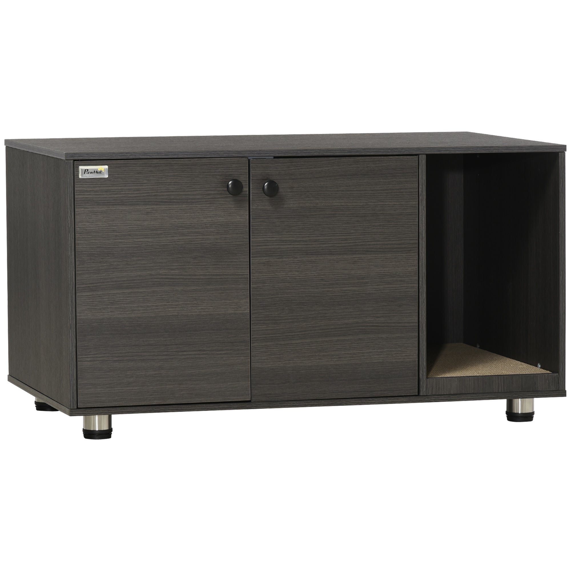 PawHut Cat Litter Box Enclosure, Industrial Hidden Cat Washroom Furniture, End Table with Double Doors and Scratching Pad for Living Room, Bedroom, Hallway, Black