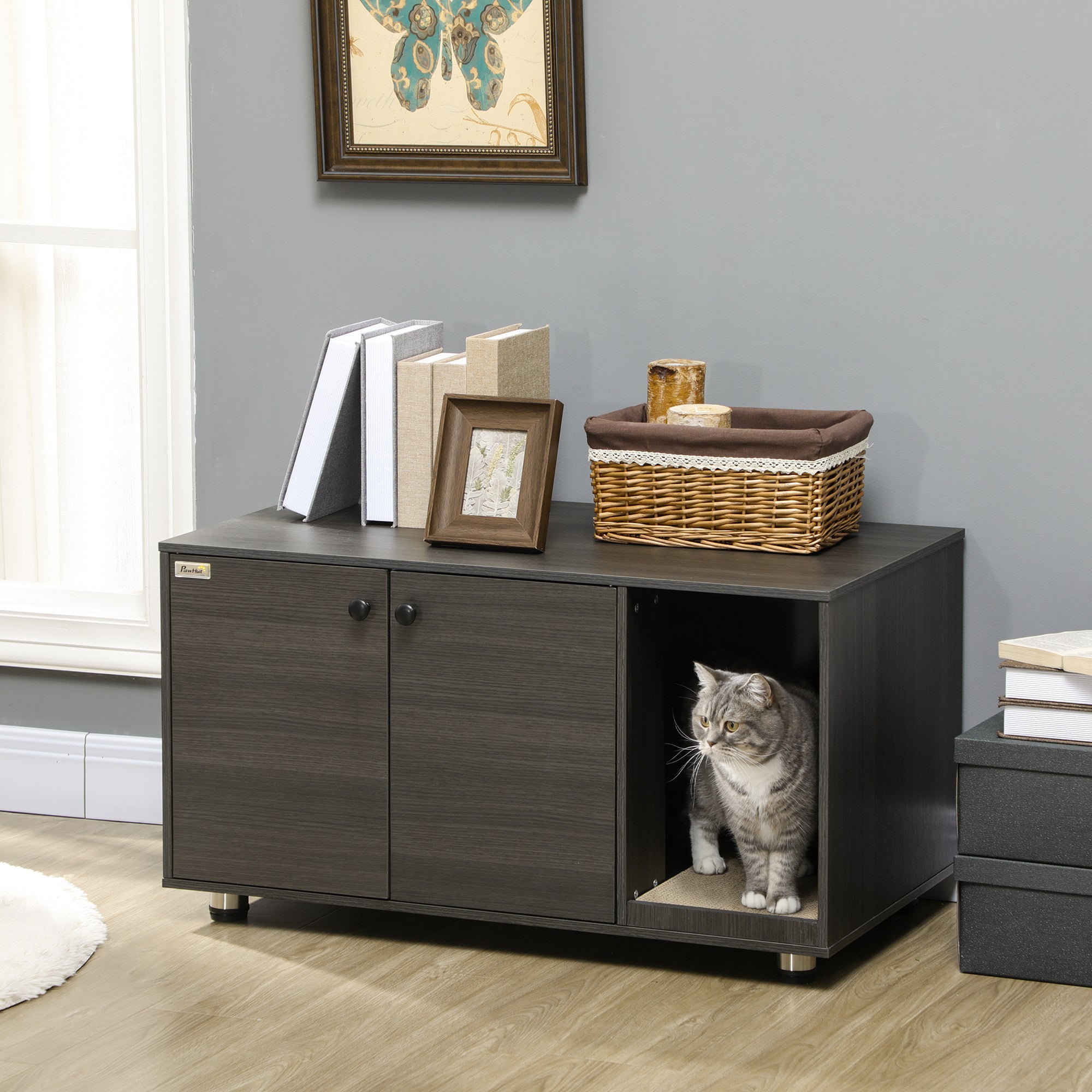 PawHut Cat Litter Box Enclosure, Industrial Hidden Cat Washroom Furniture, End Table with Double Doors and Scratching Pad for Living Room, Bedroom, Hallway, Black