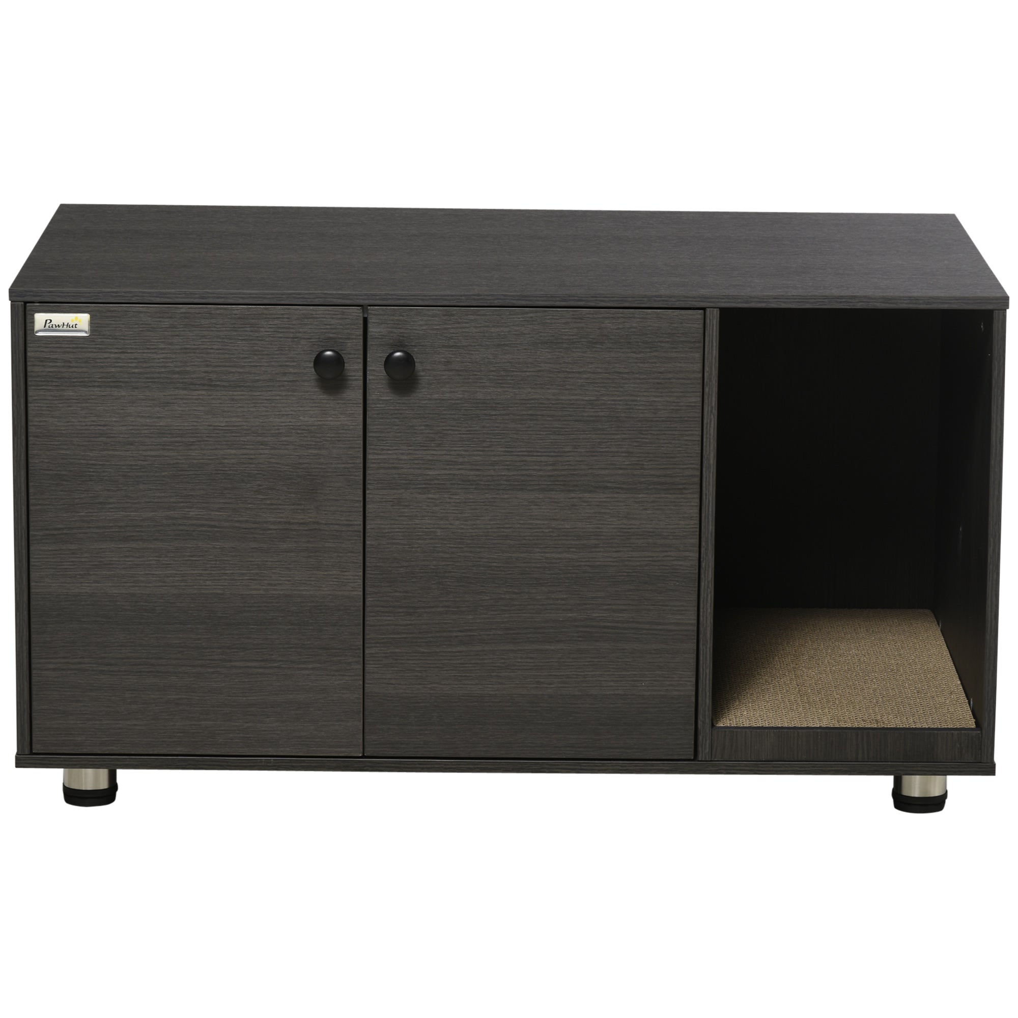 PawHut Cat Litter Box Enclosure, Industrial Hidden Cat Washroom Furniture, End Table with Double Doors and Scratching Pad for Living Room, Bedroom, Hallway, Black