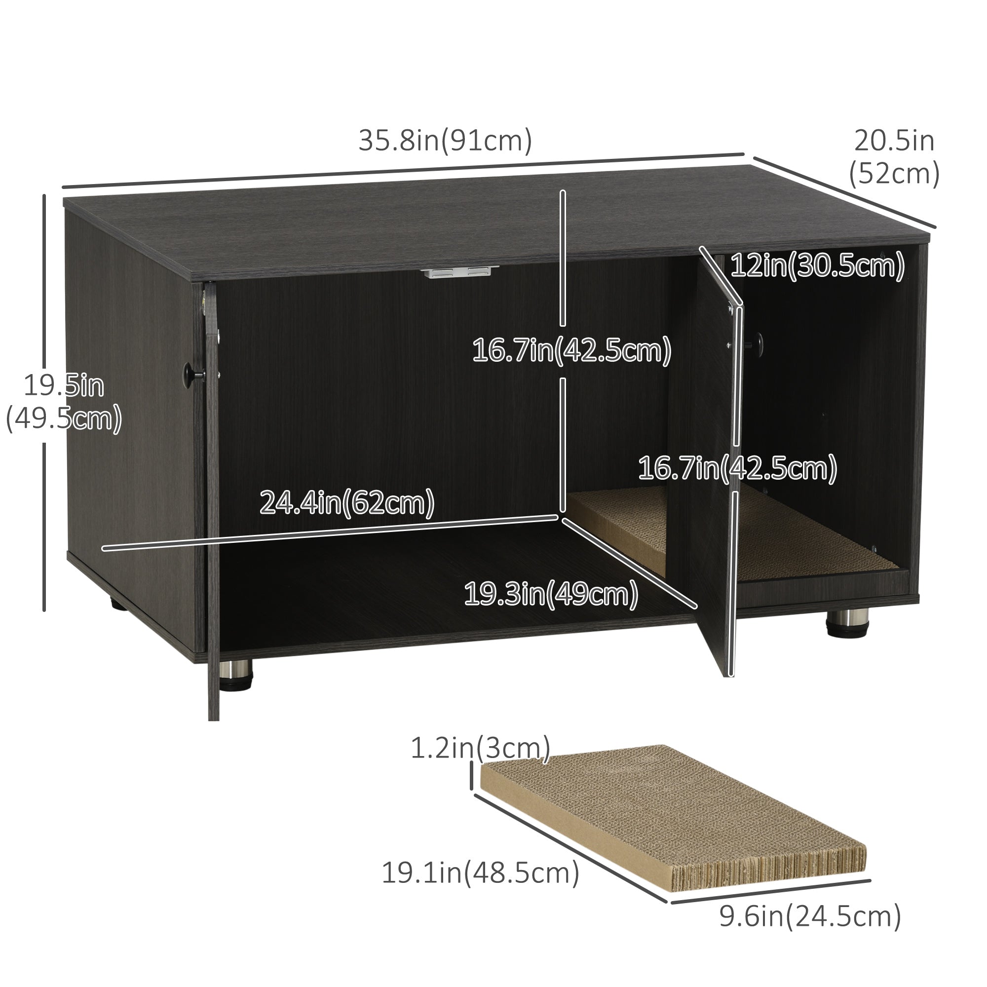 PawHut Cat Litter Box Enclosure, Industrial Hidden Cat Washroom Furniture, End Table with Double Doors and Scratching Pad for Living Room, Bedroom, Hallway, Black