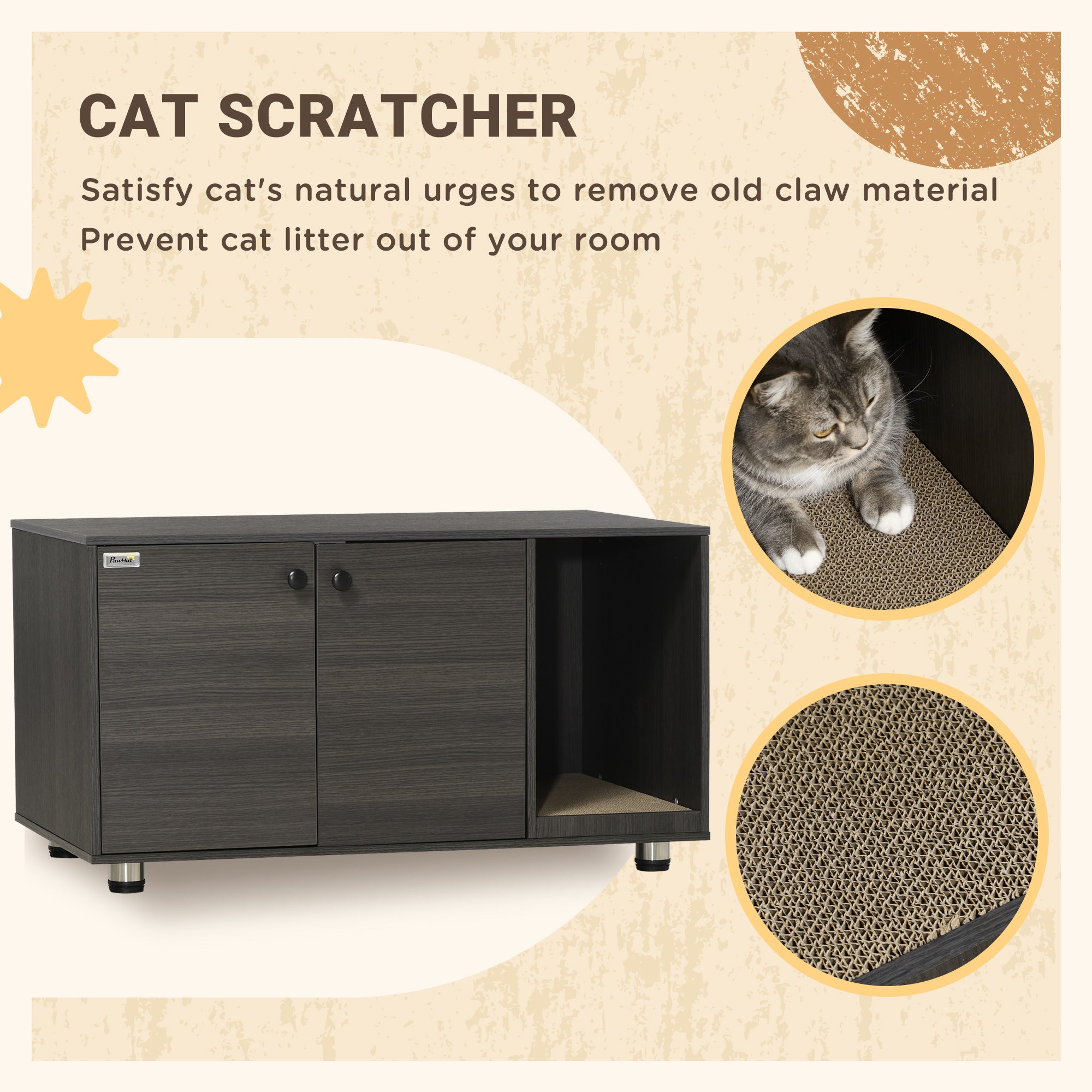 PawHut Cat Litter Box Enclosure, Industrial Hidden Cat Washroom Furniture, End Table with Double Doors and Scratching Pad for Living Room, Bedroom, Hallway, Black