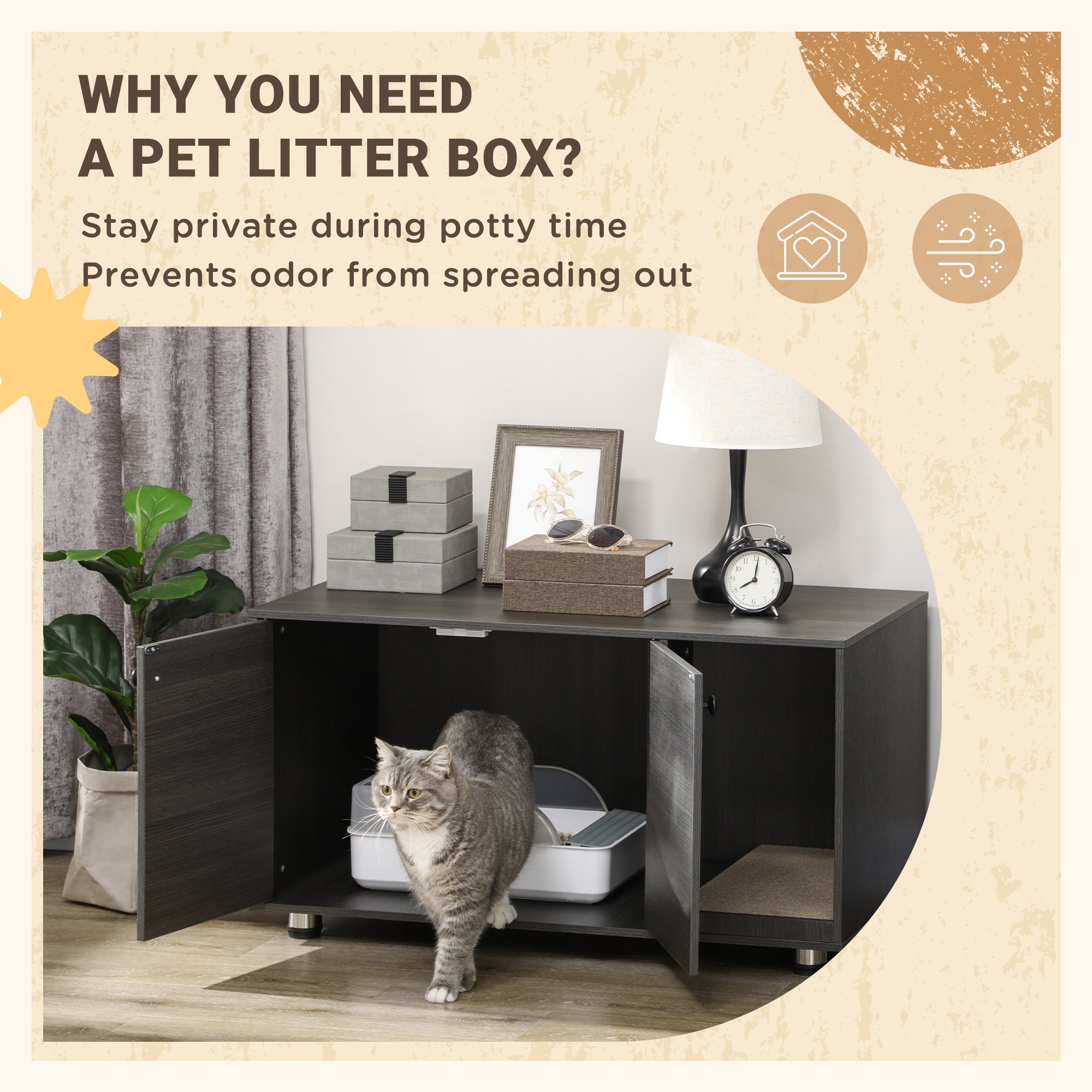 PawHut Cat Litter Box Enclosure, Industrial Hidden Cat Washroom Furniture, End Table with Double Doors and Scratching Pad for Living Room, Bedroom, Hallway, Black