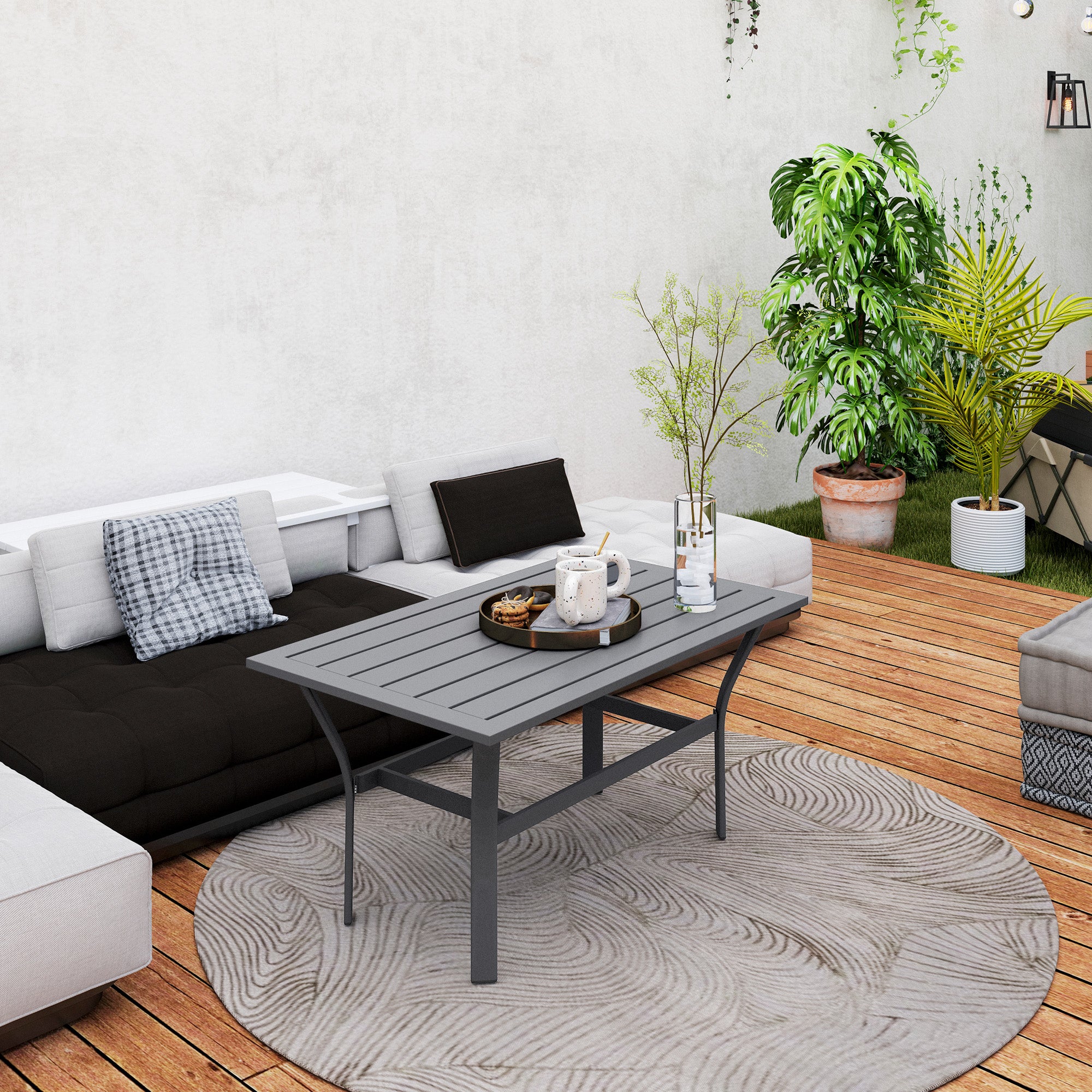 Outsunny Metal Outdoor Coffee Table, Rectangle Weather Resistant Outdoor Side Table with Slatted Tabletop for Garden, Balcony, Deck, Backyard, Dark Grey