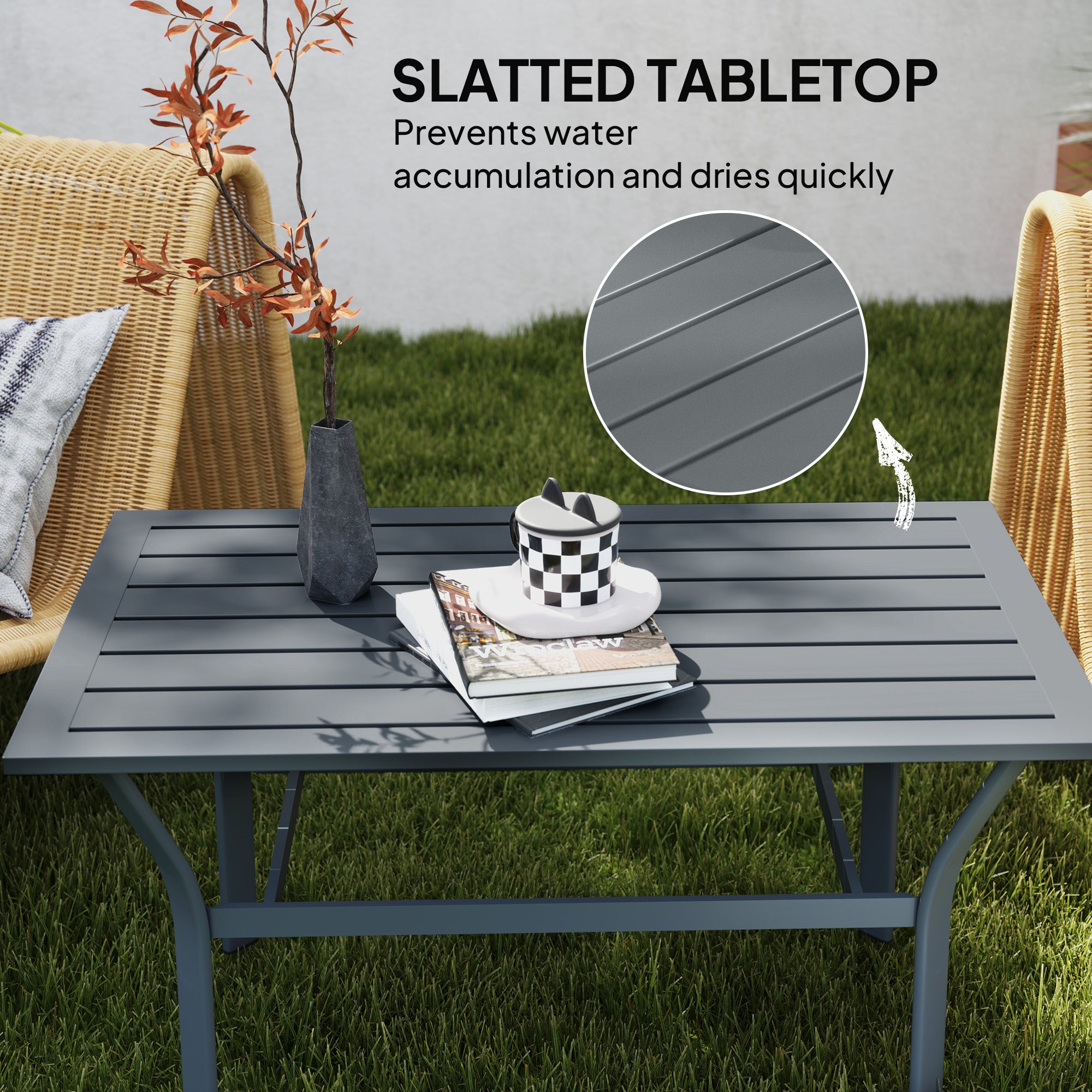 Outsunny Metal Outdoor Coffee Table, Rectangle Weather Resistant Outdoor Side Table with Slatted Tabletop for Garden, Balcony, Deck, Backyard, Dark Grey