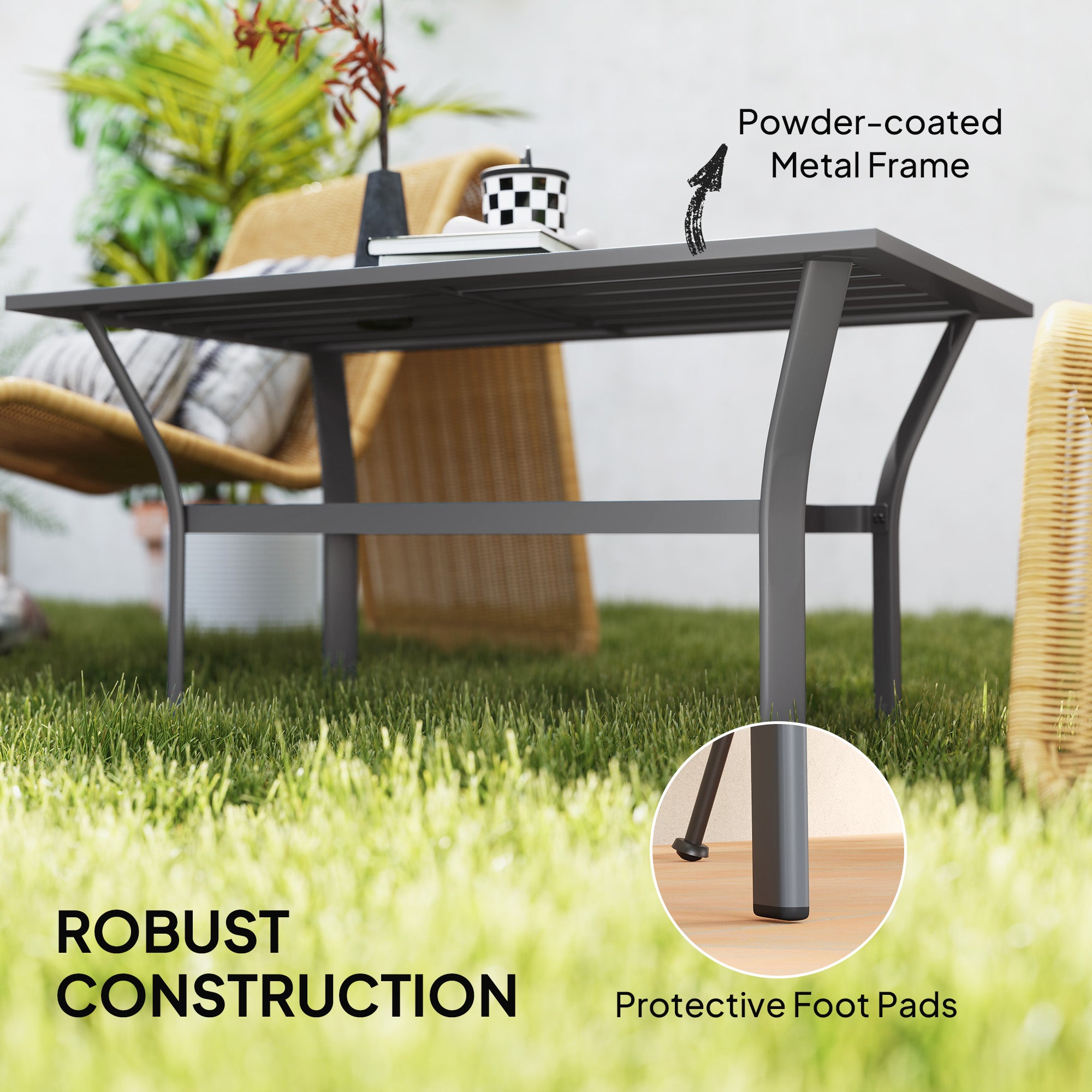 Outsunny Metal Outdoor Coffee Table, Rectangle Weather Resistant Outdoor Side Table with Slatted Tabletop for Garden, Balcony, Deck, Backyard, Dark Grey