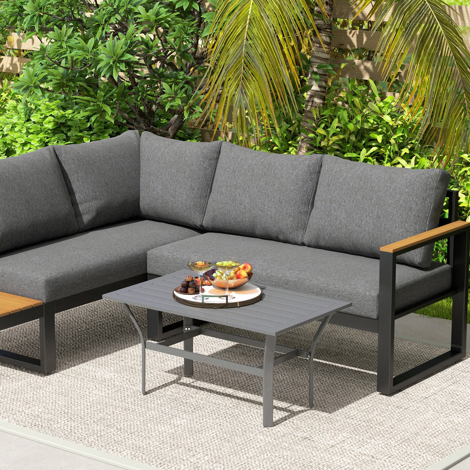 Outsunny Metal Outdoor Coffee Table, Rectangle Weather Resistant Outdoor Side Table with Slatted Tabletop for Garden, Balcony, Deck, Backyard, Dark Grey
