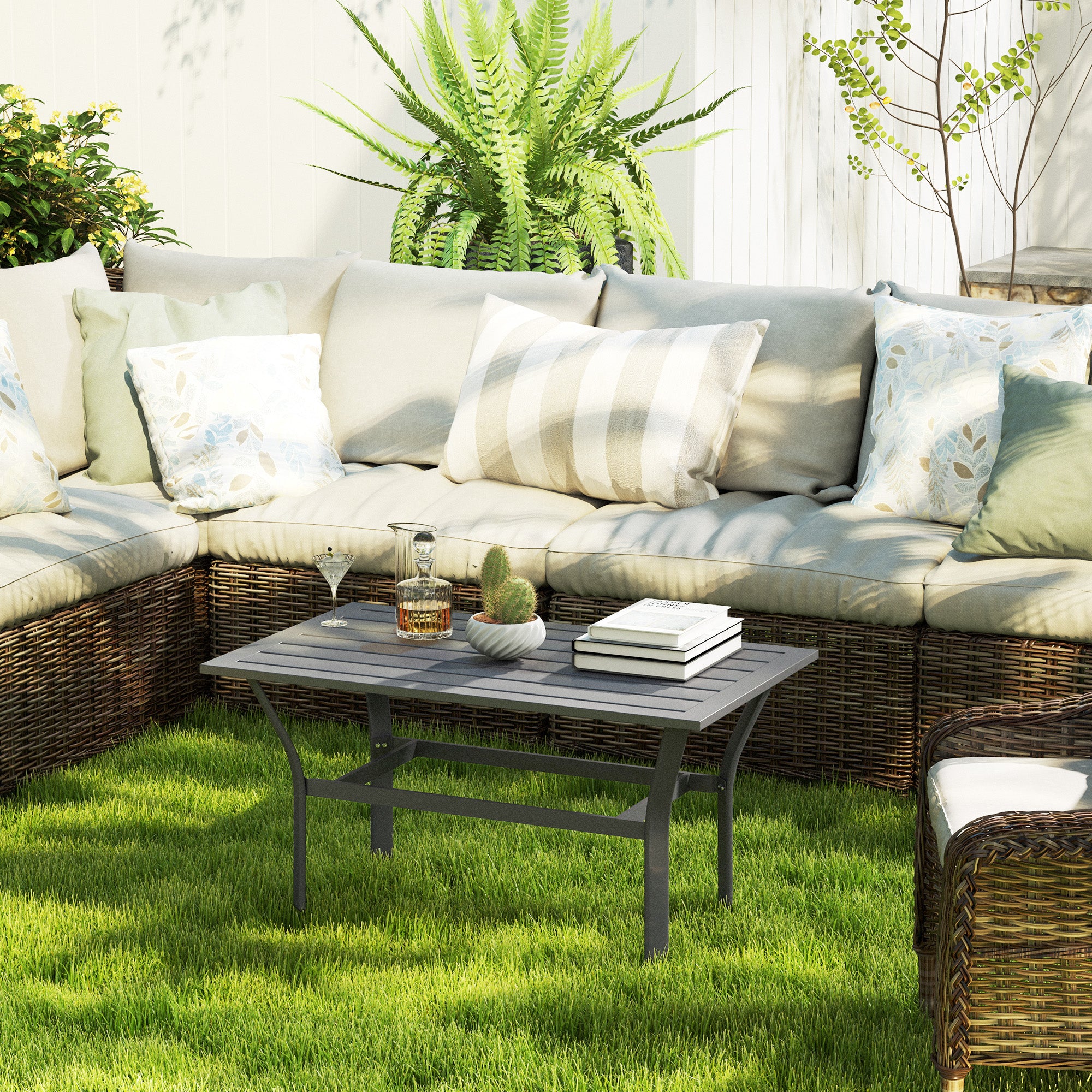 Outsunny Metal Outdoor Coffee Table, Rectangle Weather Resistant Outdoor Side Table with Slatted Tabletop for Garden, Balcony, Deck, Backyard, Dark Grey