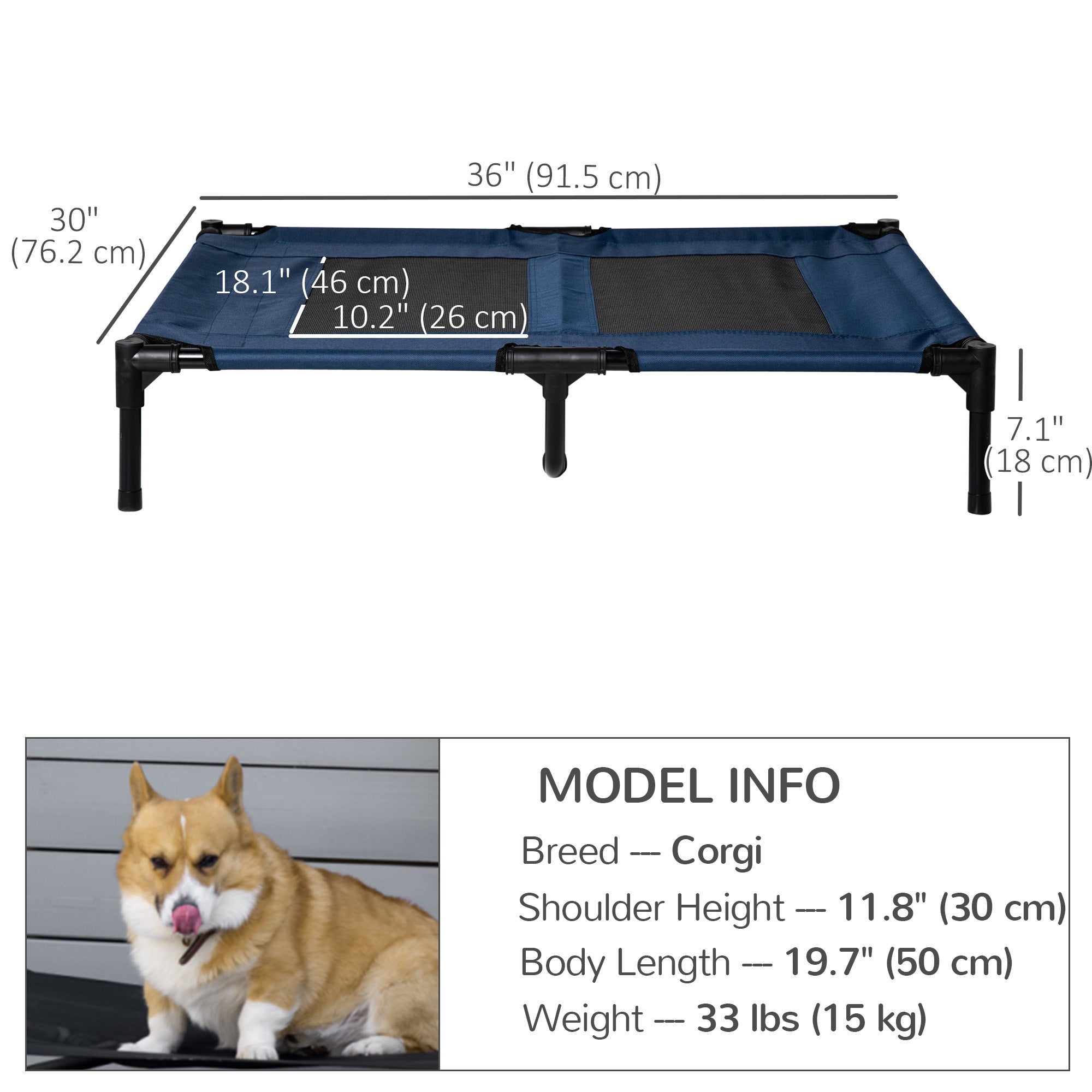 PawHut Elevated Dog Bed, Raised Dog Cot for XL Sized Dogs, Indoor & Outdoor, 36" x 30" x 7", Blue
