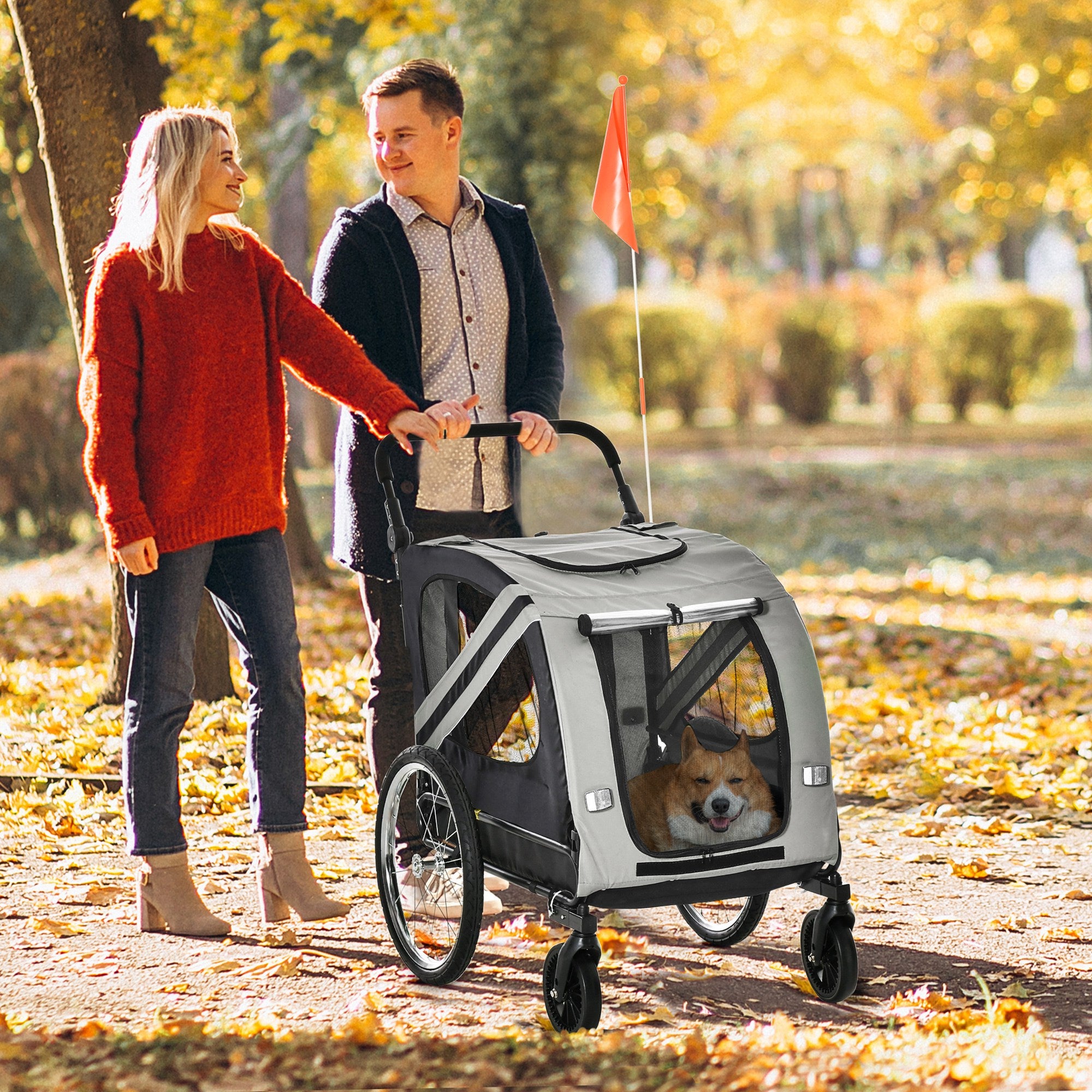 PawHut Dog Bike Trailer, 2 in 1 Foldable Dog Stroller with Hitch Coupler, Reflectors, Quick Release Wheels, Flag, Dog Trolley on Wheels for Medium Dogs, Grey