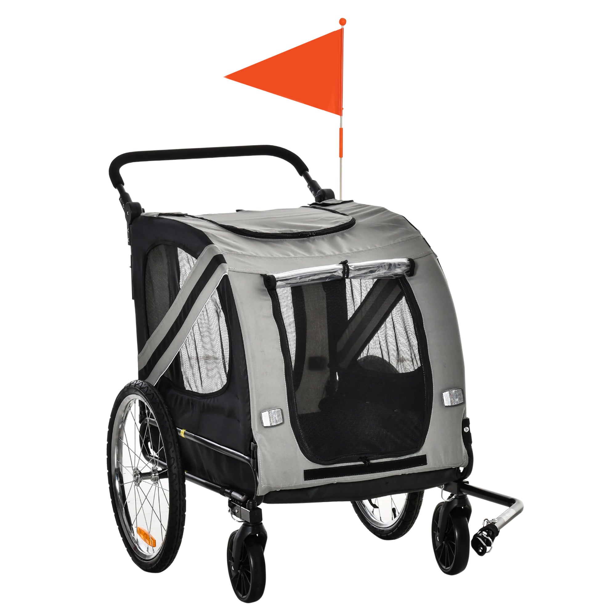PawHut Dog Bike Trailer, 2 in 1 Foldable Dog Stroller with Hitch Coupler, Reflectors, Quick Release Wheels, Flag, Dog Trolley on Wheels for Medium Dogs, Grey