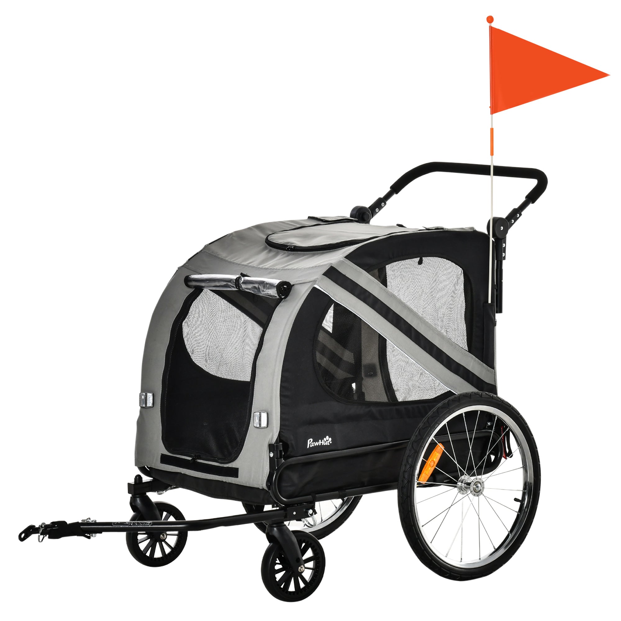 PawHut Dog Bike Trailer, 2 in 1 Foldable Dog Stroller with Hitch Coupler, Reflectors, Quick Release Wheels, Flag, Dog Trolley on Wheels for Medium Dogs, Grey