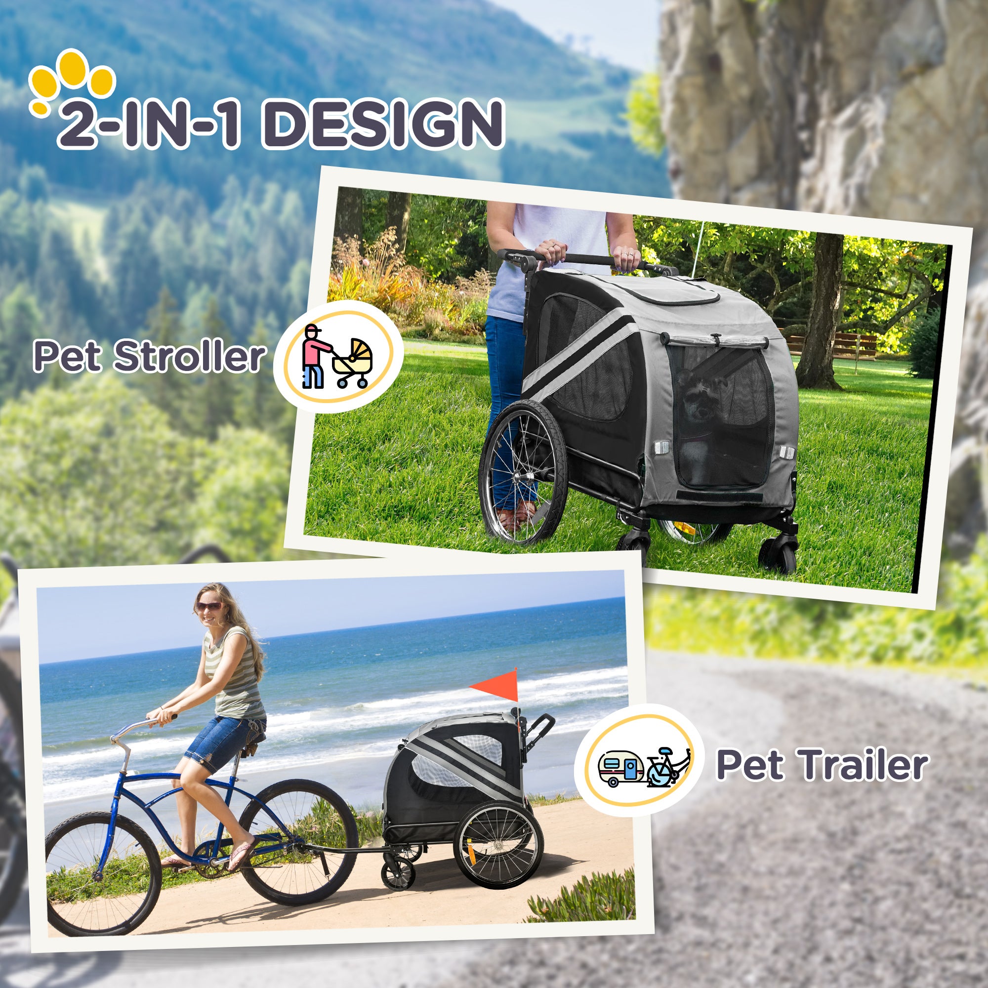 PawHut Dog Bike Trailer, 2 in 1 Foldable Dog Stroller with Hitch Coupler, Reflectors, Quick Release Wheels, Flag, Dog Trolley on Wheels for Medium Dogs, Grey