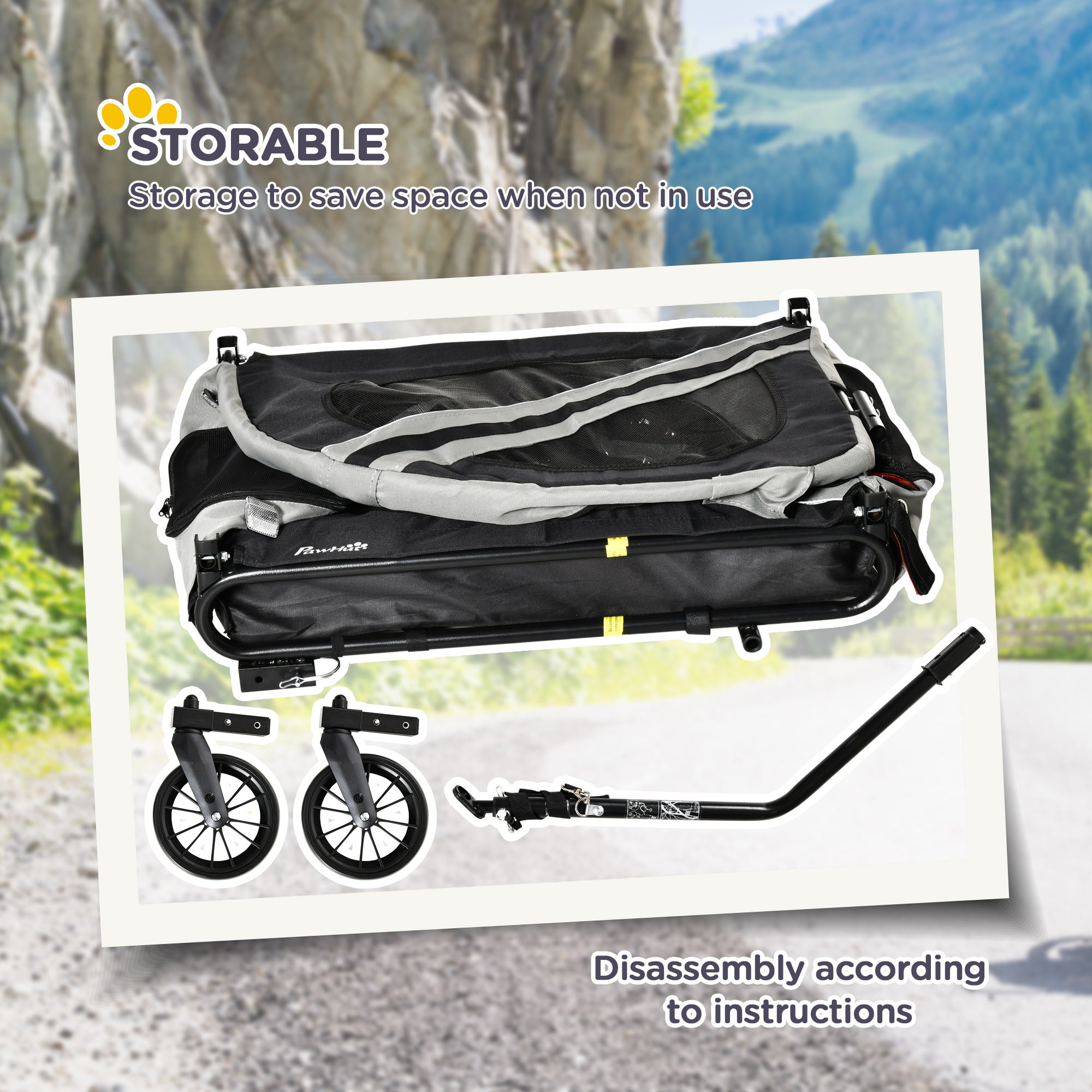 PawHut Dog Bike Trailer, 2 in 1 Foldable Dog Stroller with Hitch Coupler, Reflectors, Quick Release Wheels, Flag, Dog Trolley on Wheels for Medium Dogs, Grey