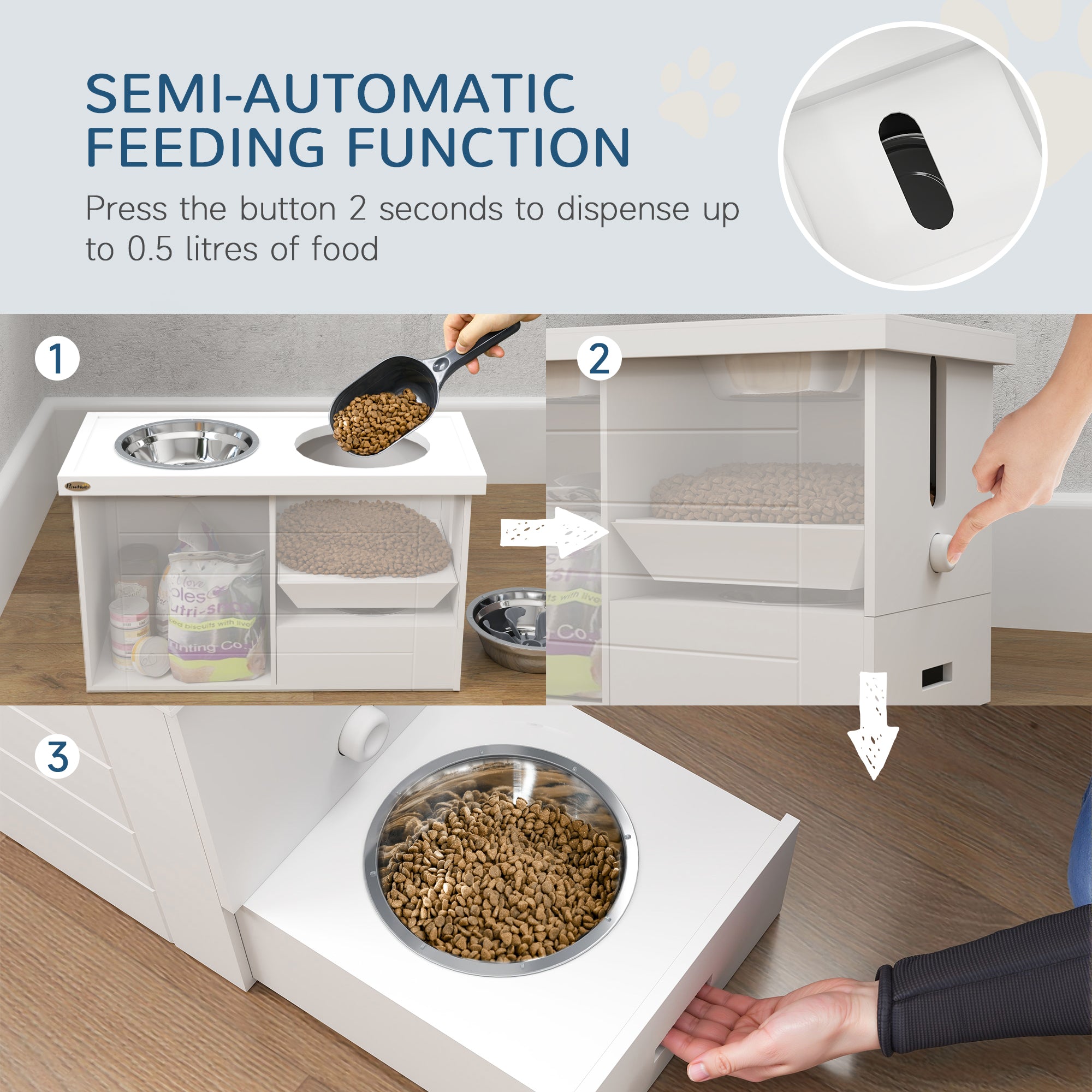 PawHut Raised Dog Bowls, Dog Feeding Station with Slow Feeder Mat, Storage Cabinet, 3 Stainless Steel Bowls, Semi-Auto Dispenser Function, for Large & Extra Large Dogs, White