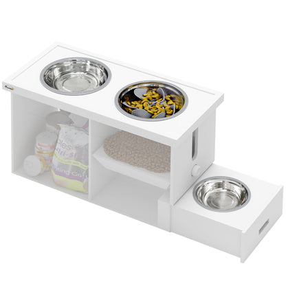 PawHut Raised Dog Bowls, Dog Feeding Station with Slow Feeder Mat, Storage Cabinet, 3 Stainless Steel Bowls, Semi-Auto Dispenser Function, for Large & Extra Large Dogs, White