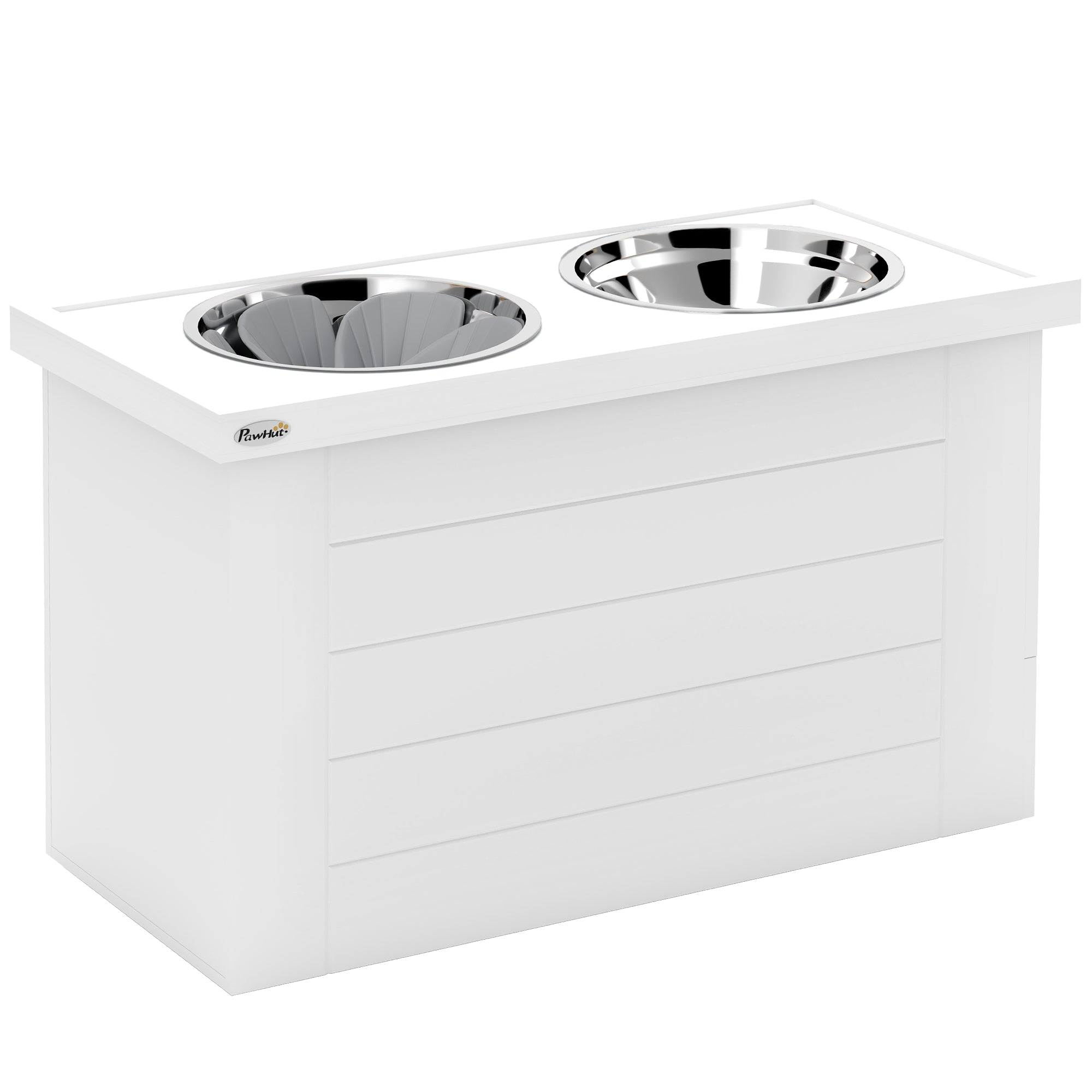 PawHut Raised Dog Bowls, Dog Feeding Station with Slow Feeder Mat, Storage Cabinet, 3 Stainless Steel Bowls, Semi-Auto Dispenser Function, for Large & Extra Large Dogs, White