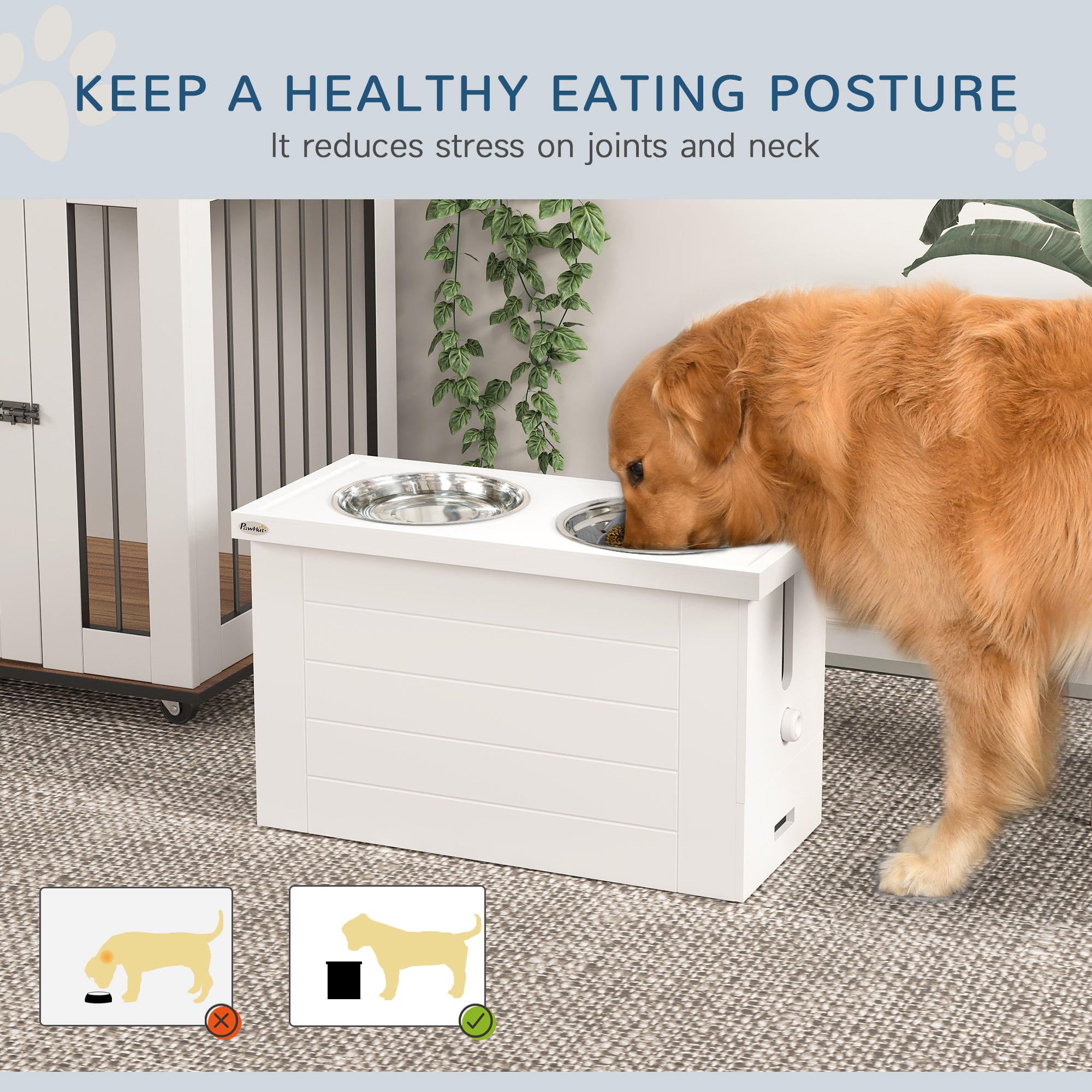 PawHut Raised Dog Bowls, Dog Feeding Station with Slow Feeder Mat, Storage Cabinet, 3 Stainless Steel Bowls, Semi-Auto Dispenser Function, for Large & Extra Large Dogs, White