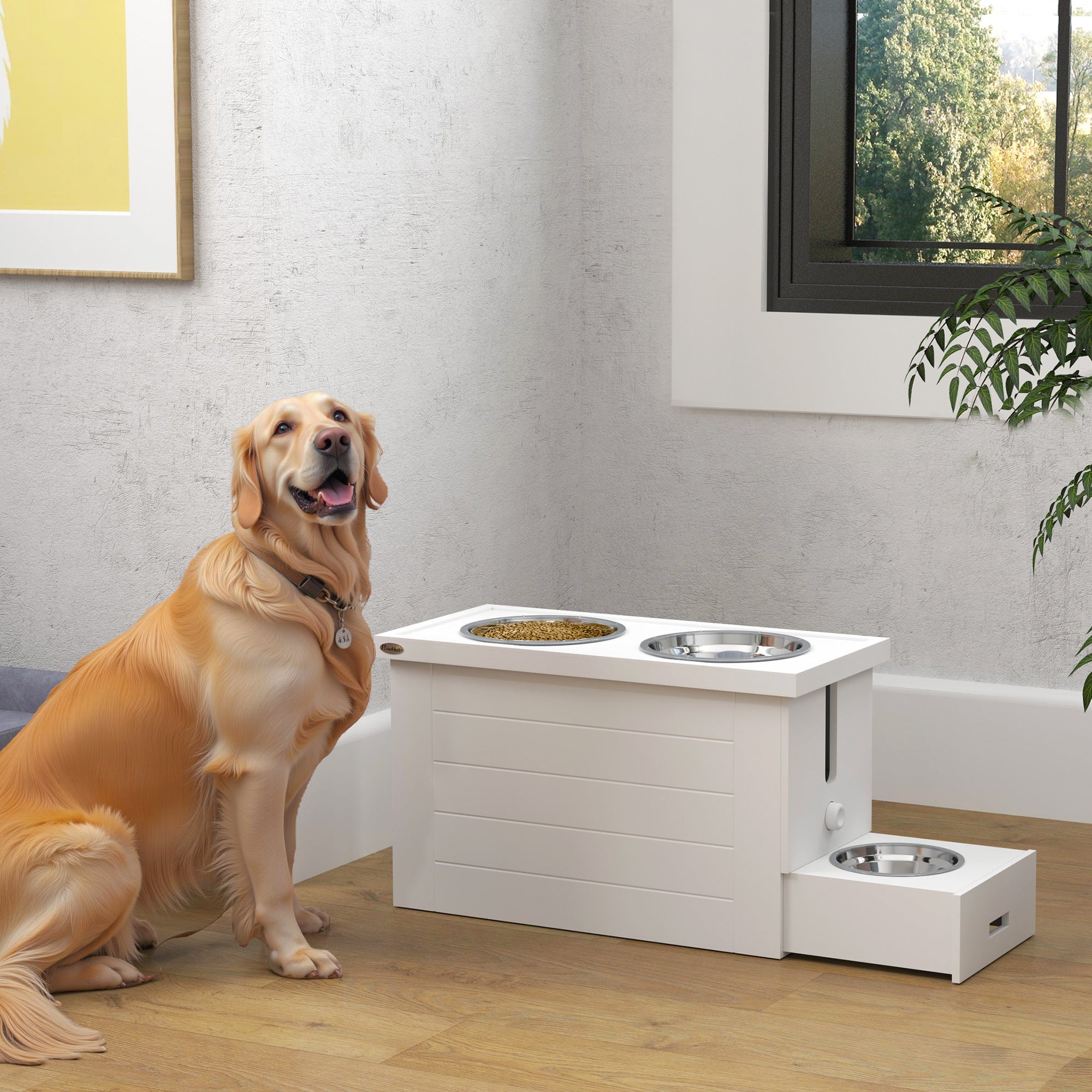 PawHut Raised Dog Bowls, Dog Feeding Station with Slow Feeder Mat, Storage Cabinet, 3 Stainless Steel Bowls, Semi-Auto Dispenser Function, for Large & Extra Large Dogs, White