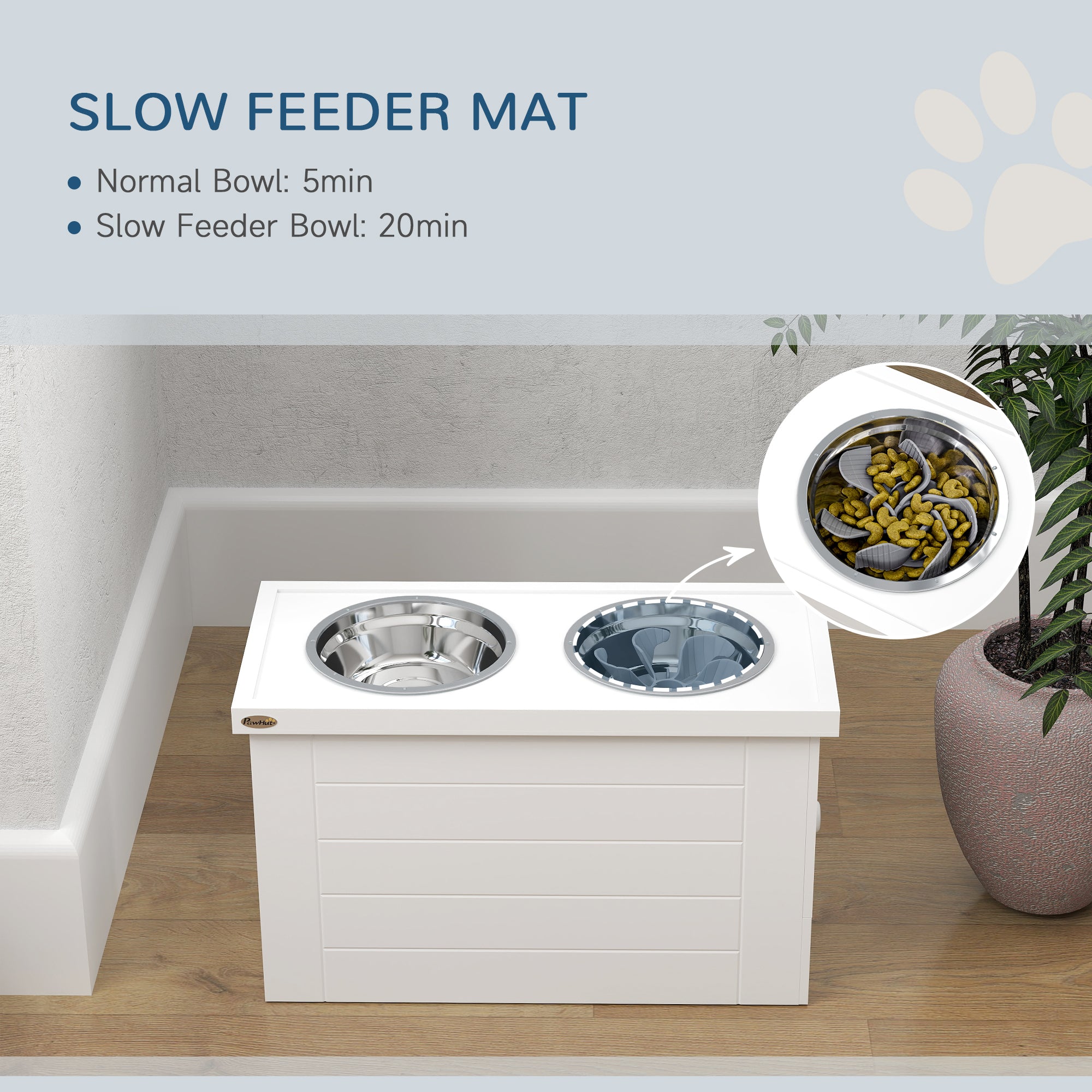 PawHut Raised Dog Bowls, Dog Feeding Station with Slow Feeder Mat, Storage Cabinet, 3 Stainless Steel Bowls, Semi-Auto Dispenser Function, for Large & Extra Large Dogs, White