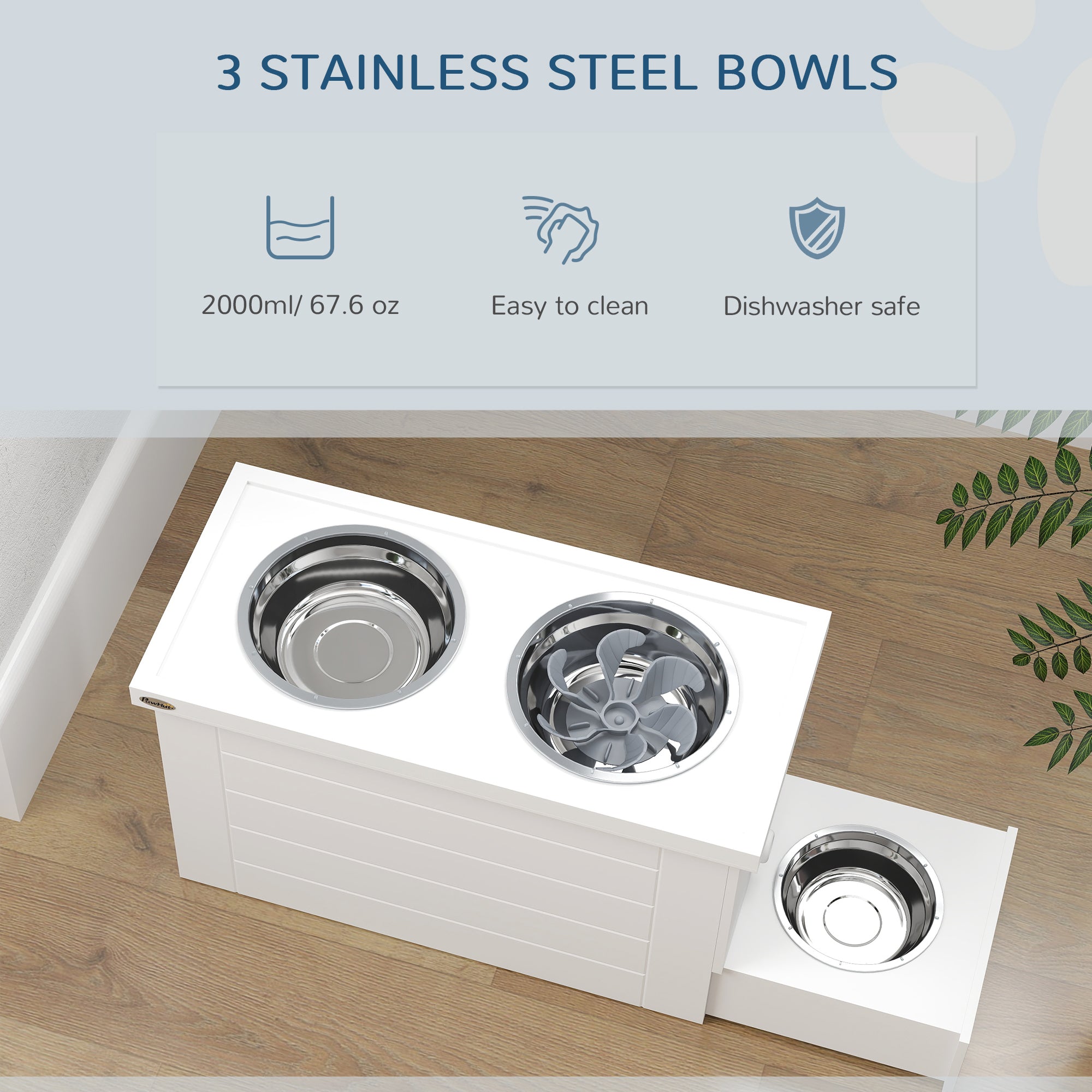 PawHut Raised Dog Bowls, Dog Feeding Station with Slow Feeder Mat, Storage Cabinet, 3 Stainless Steel Bowls, Semi-Auto Dispenser Function, for Large & Extra Large Dogs, White