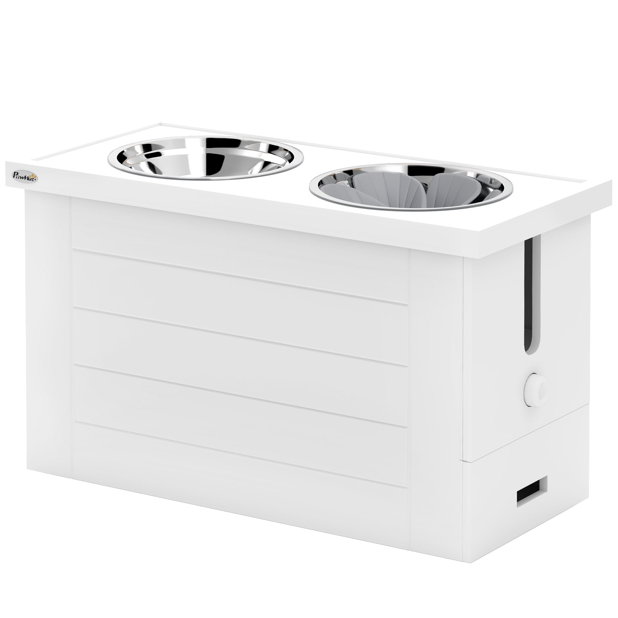 PawHut Raised Dog Bowls, Dog Feeding Station with Slow Feeder Mat, Storage Cabinet, 3 Stainless Steel Bowls, Semi-Auto Dispenser Function, for Large & Extra Large Dogs, White