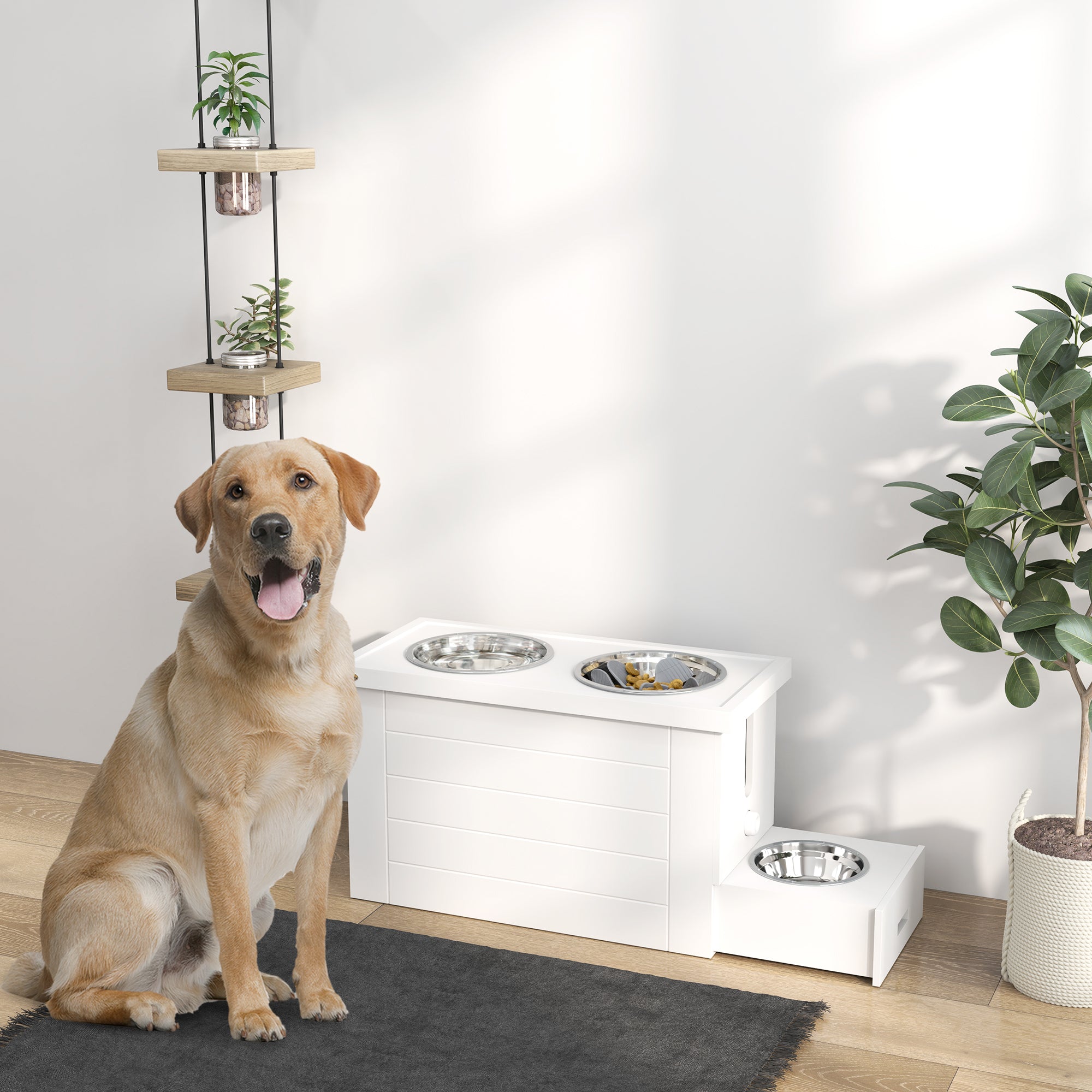 PawHut Raised Dog Bowls, Dog Feeding Station with Slow Feeder Mat, Storage Cabinet, 3 Stainless Steel Bowls, Semi-Auto Dispenser Function, for Large & Extra Large Dogs, White