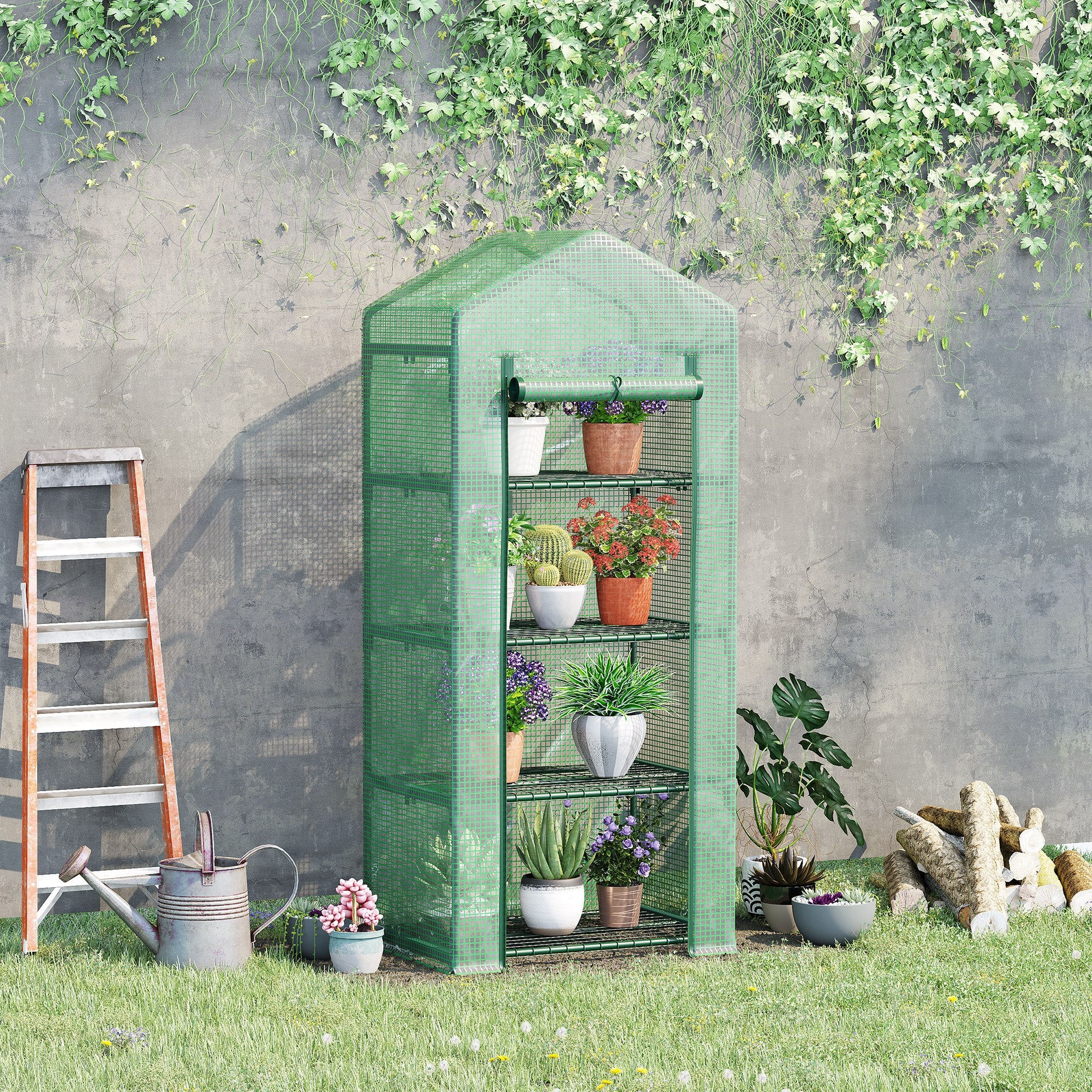 Outsunny 28" x 20" x 63" Portable Greenhouse with 4 Tier Shelves Outdoor Hot House Plant Flower Greenhouse, Steel Frame, PE Cover, Dark Green