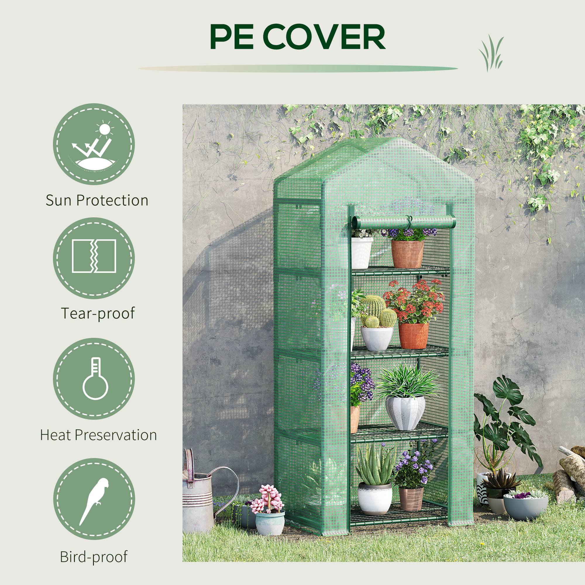 Outsunny 28" x 20" x 63" Portable Greenhouse with 4 Tier Shelves Outdoor Hot House Plant Flower Greenhouse, Steel Frame, PE Cover, Dark Green