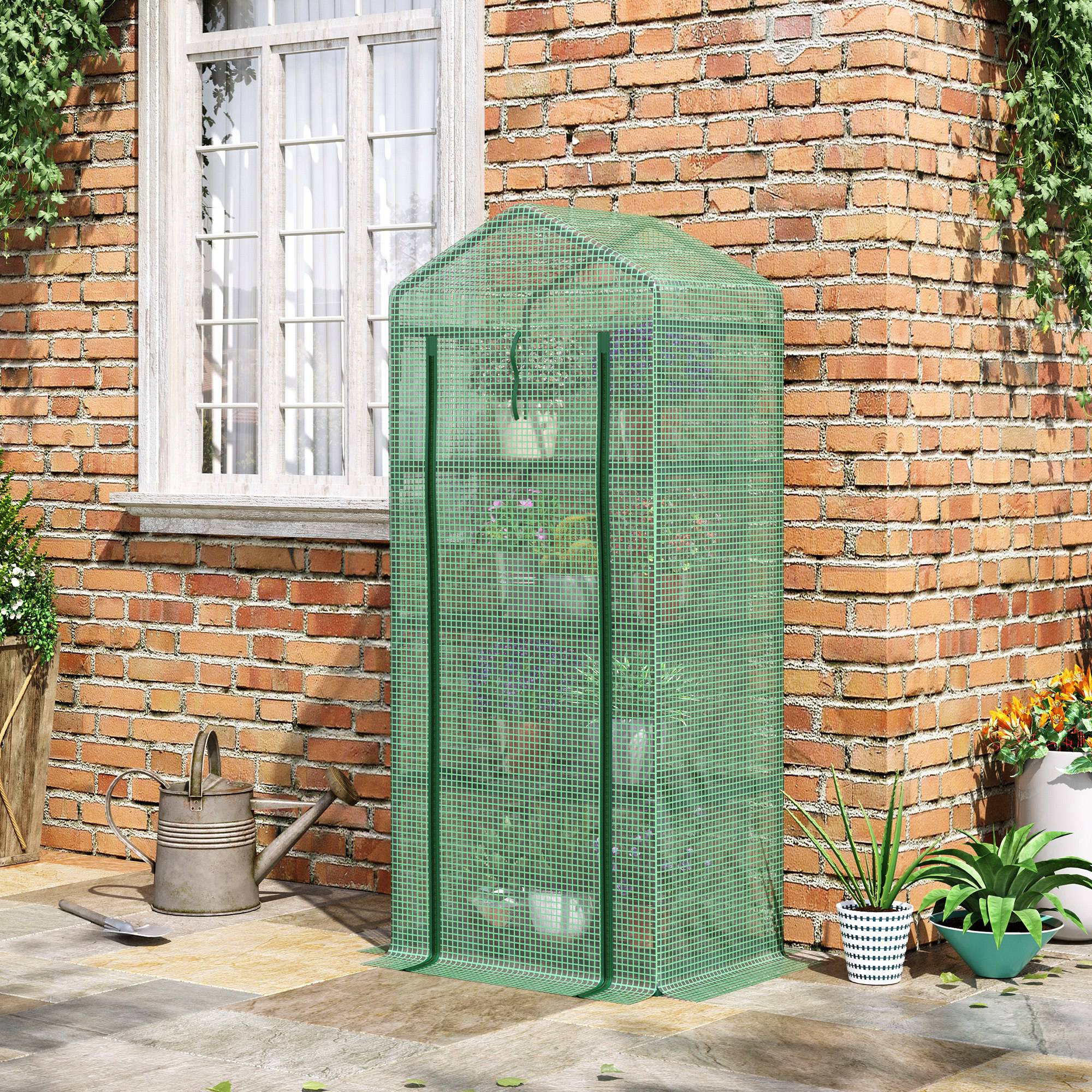 Outsunny 28" x 20" x 63" Portable Greenhouse with 4 Tier Shelves Outdoor Hot House Plant Flower Greenhouse, Steel Frame, PE Cover, Dark Green