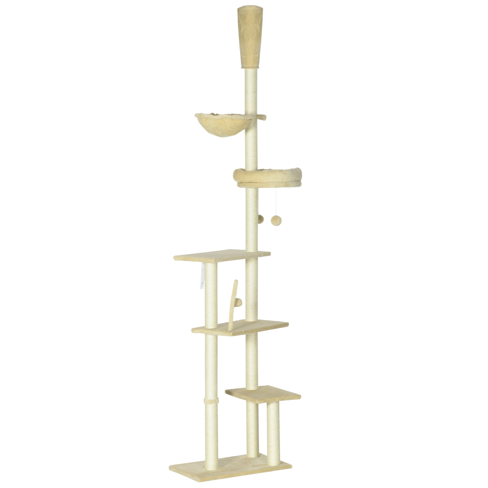 PawHut Floor to Ceiling Cat Tree for Indoor Cats, 6-Tier Play Tower Climbing Activity Center with Scratching Post, Platforms, Bed, Hammock, Adjustable Height 230-250cm, Beige