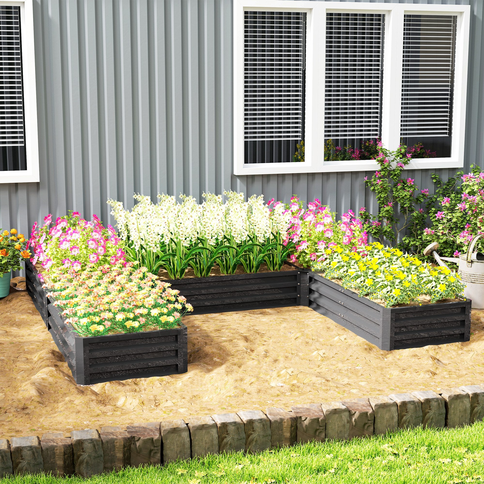 Outsunny 8 x 8ft DIY Raised Garden Bed, Set of 5 Large Steel Box Planters for Outdoor Plants, Vegetables, Flowers, Herbs, Easy Assembly, Dark Grey