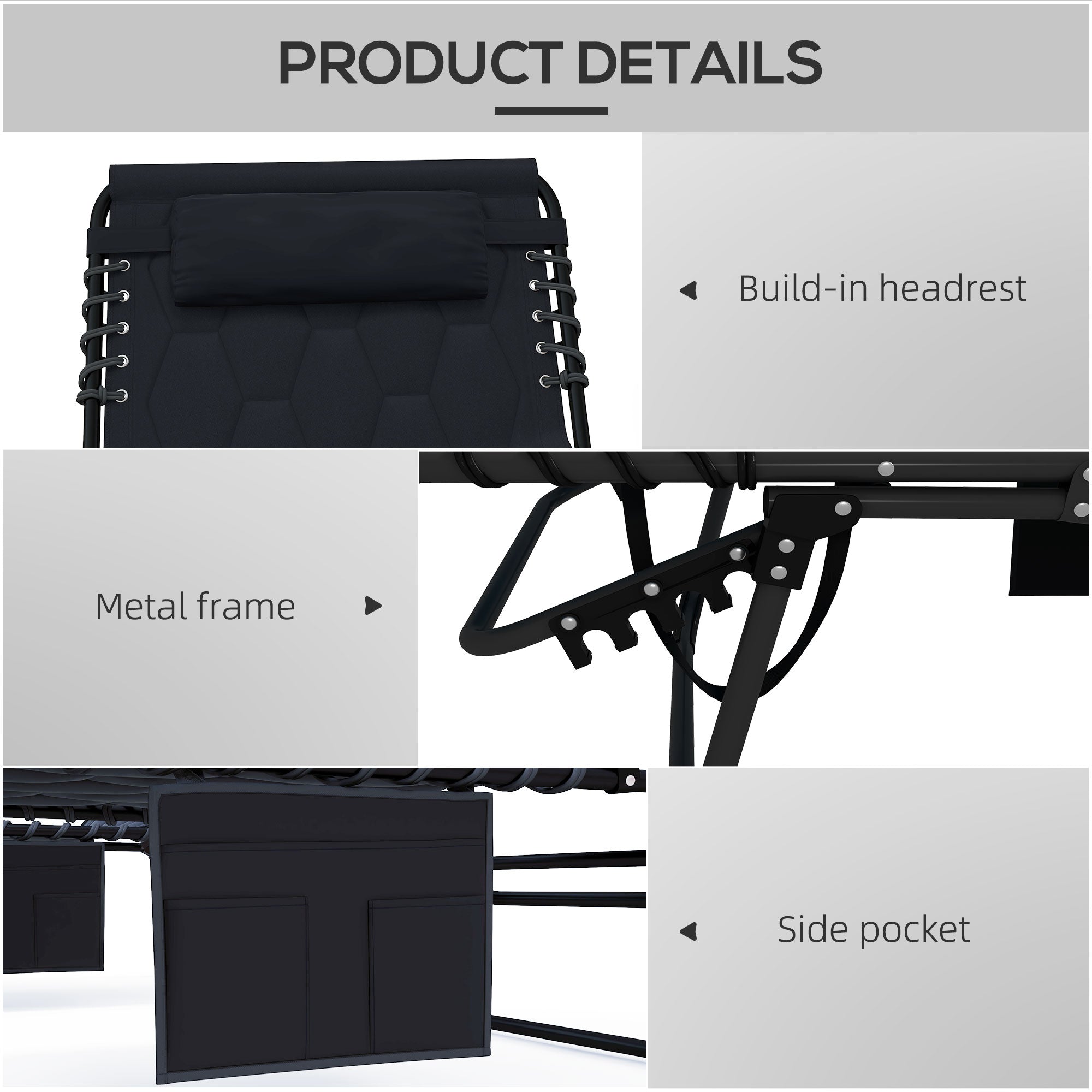 Outsunny Folding Chaise Lounge with 5-level Reclining Back, Outdoor Tanning Chair with Build-in Padded Seat, Outdoor Lounge Chair with Side Pocket, Headrest, Black